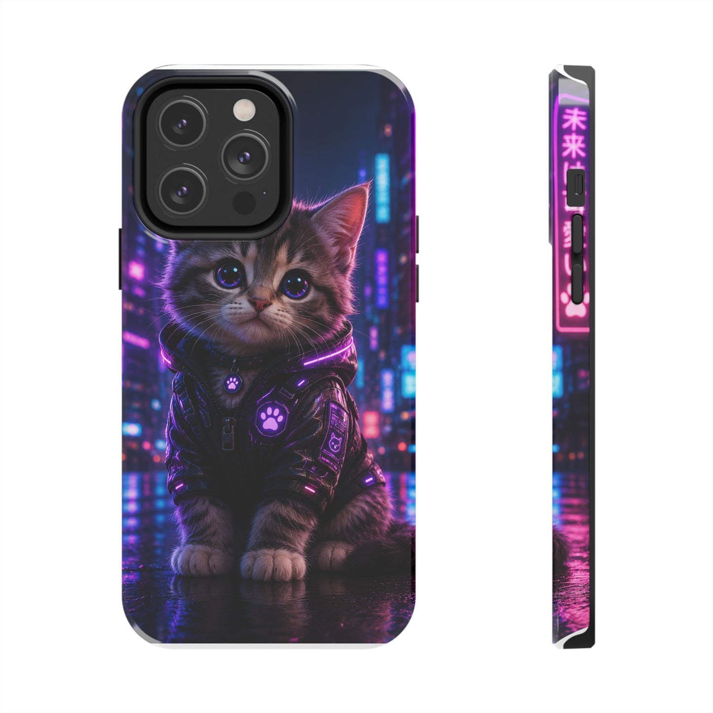 Cyberpunk Kitten Tough Phone Case — Neon Cat Protective Phone Cover