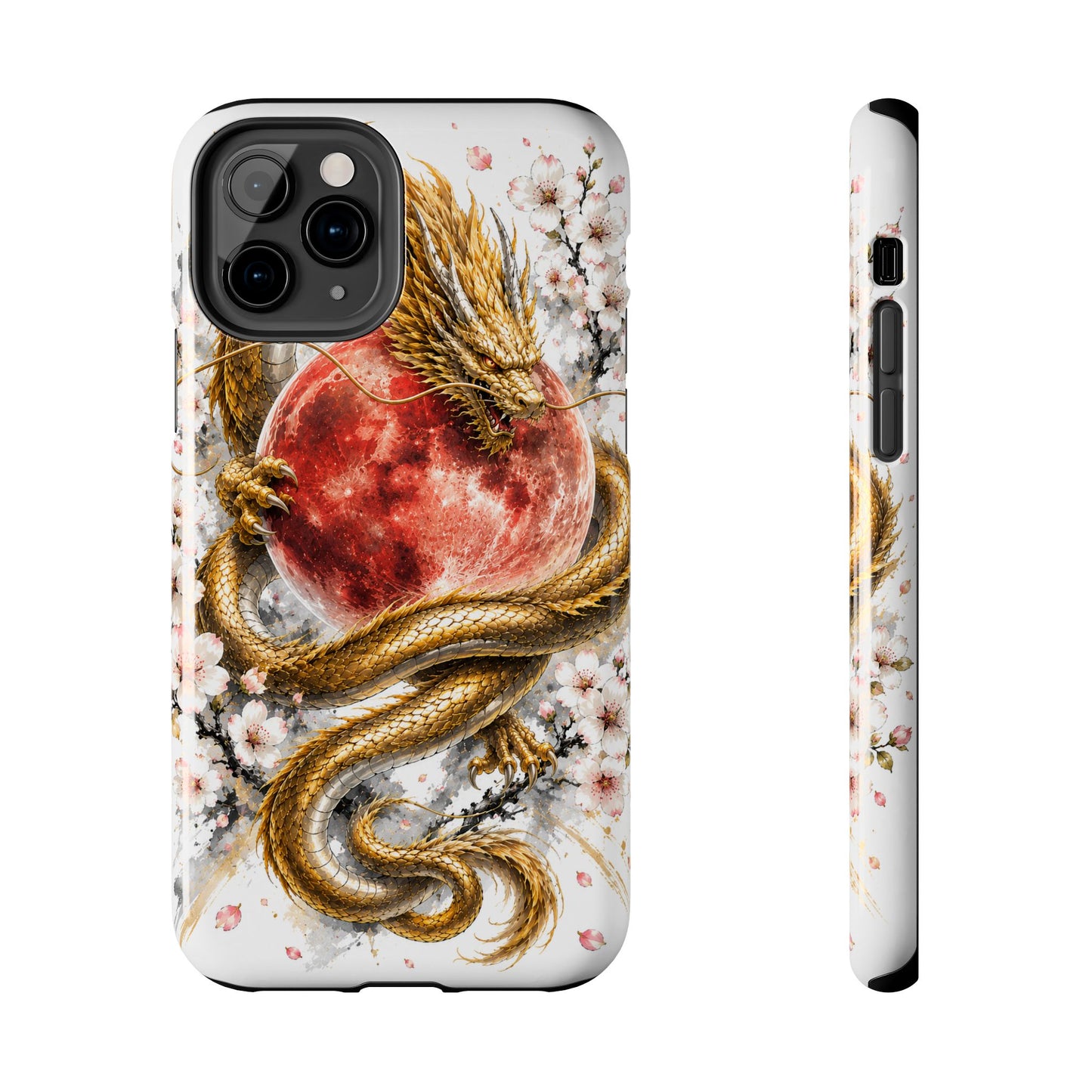 Golden Dragon Phone Case — Red Moon & Cherry Blossom Tough Phone Case
