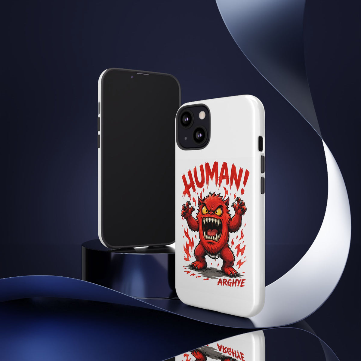 Angry Monster "HUMAN!" Phone Case — Cute Fiery Creature iPhone Cover
