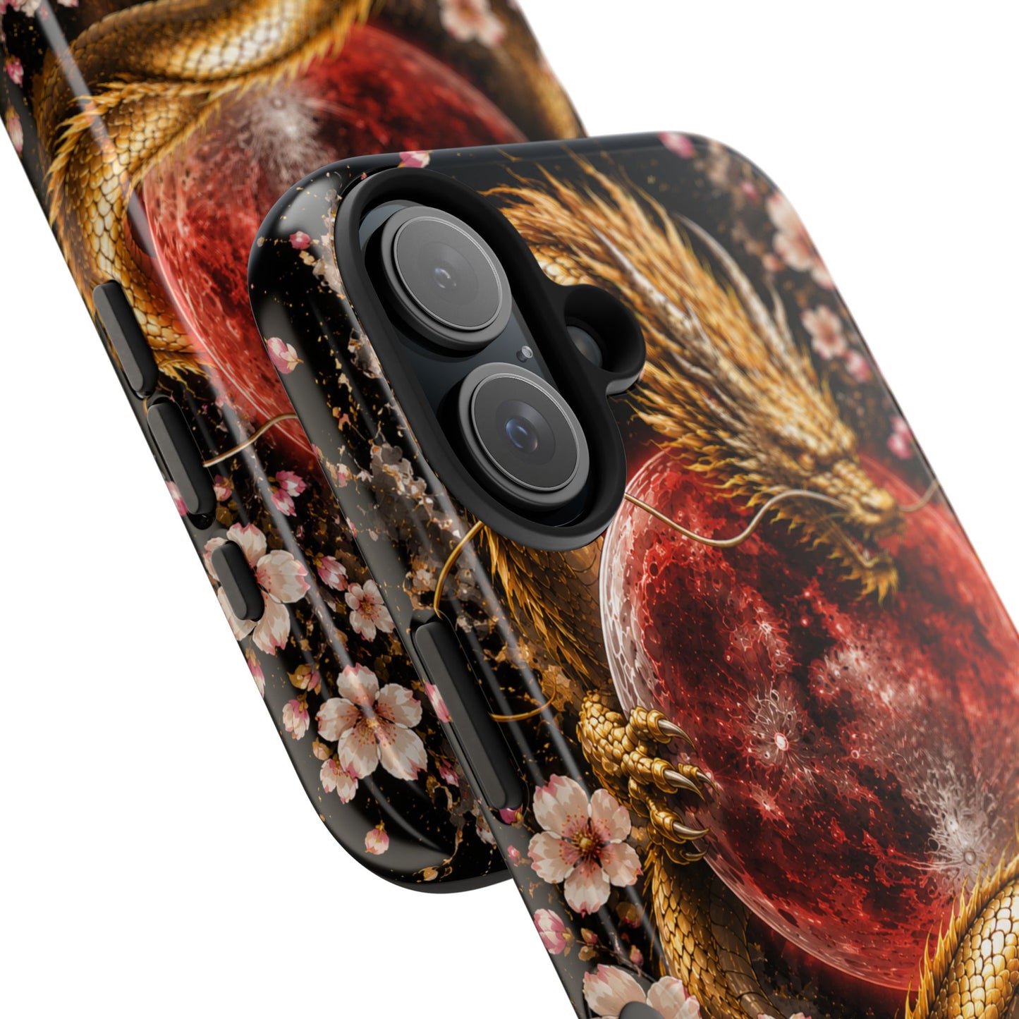 Golden Dragon Moon Tough Phone Case — Cherry Blossoms & Red Moon Protective Cover
