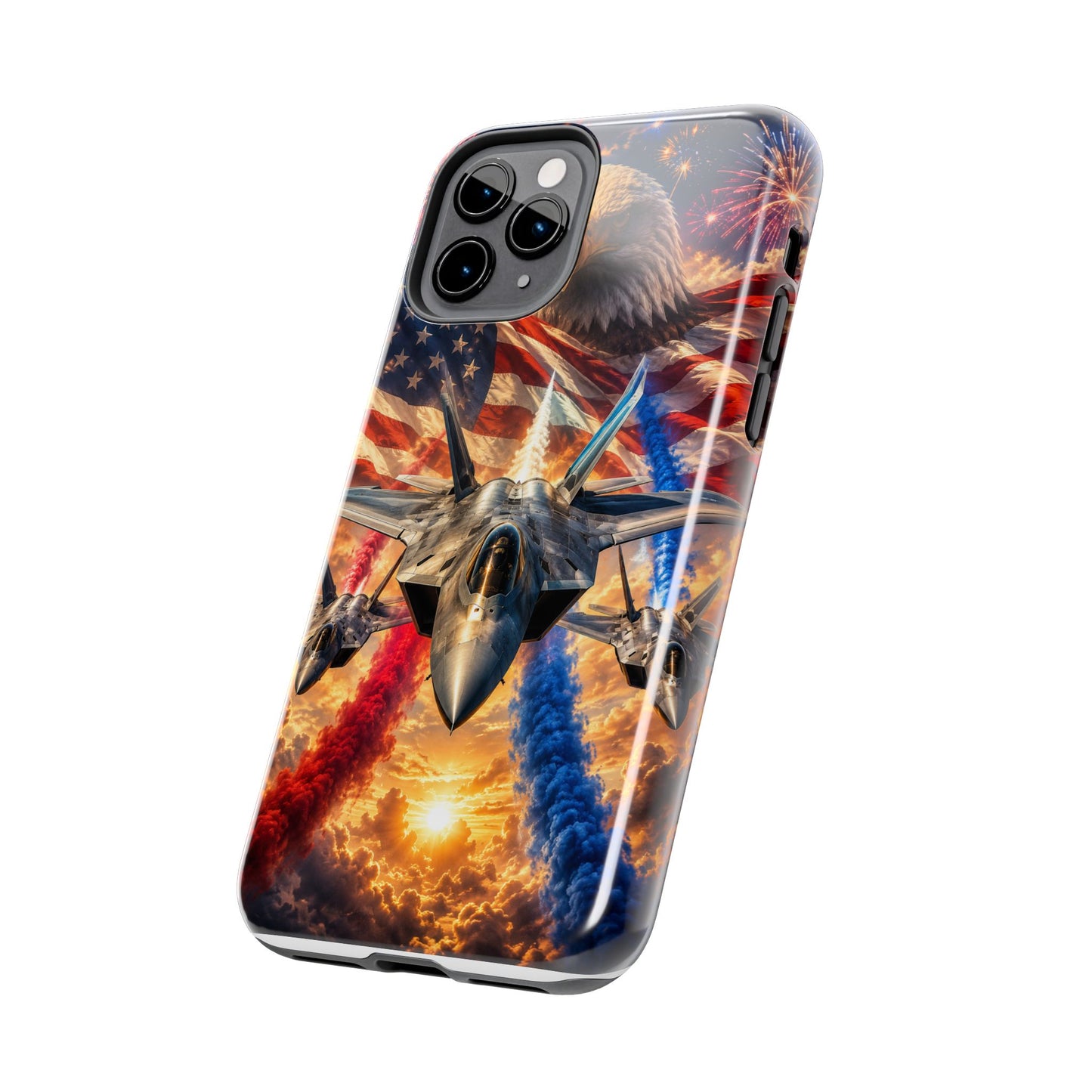 Patriotic Fighter Jet Phone Case with Eagle, American Flag & Fireworks Design