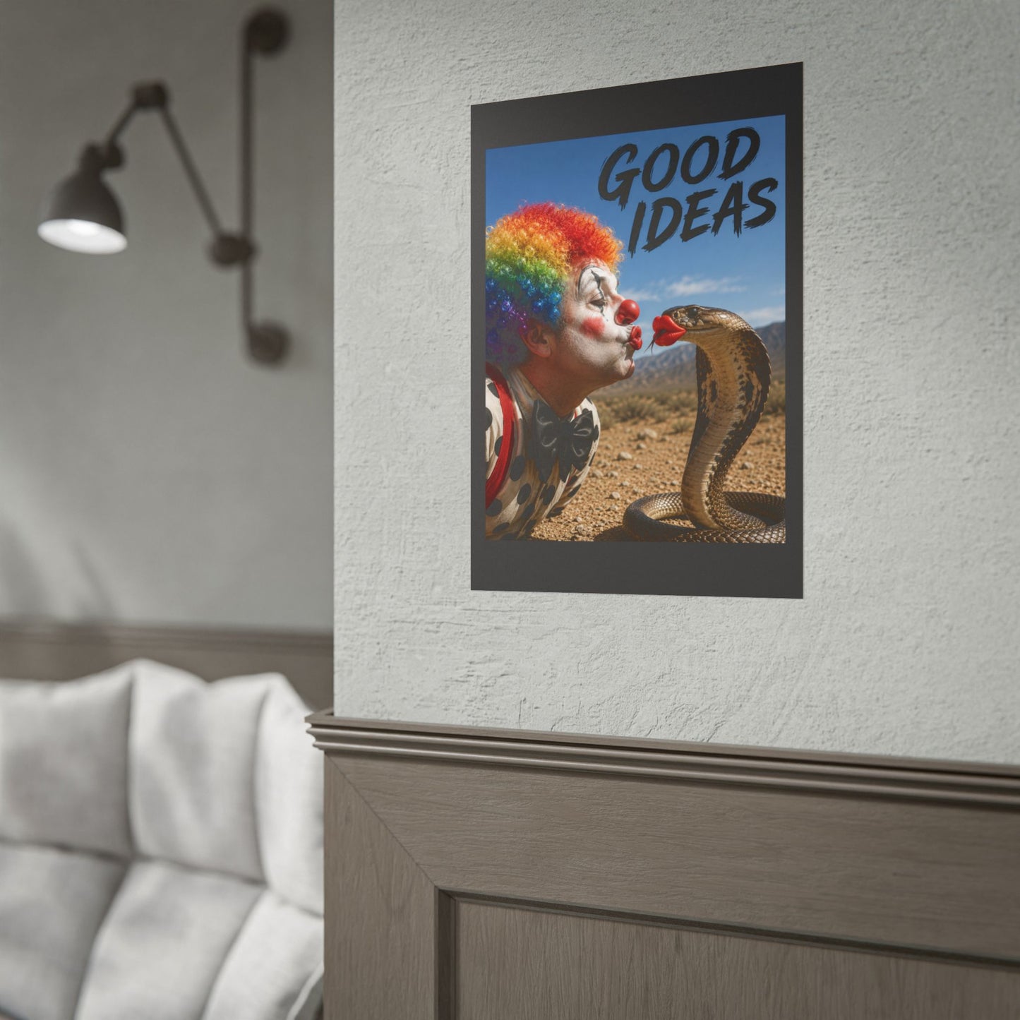 Good Ideas Clown & Snake Rolled Poster – Surreal Humor Wall Art