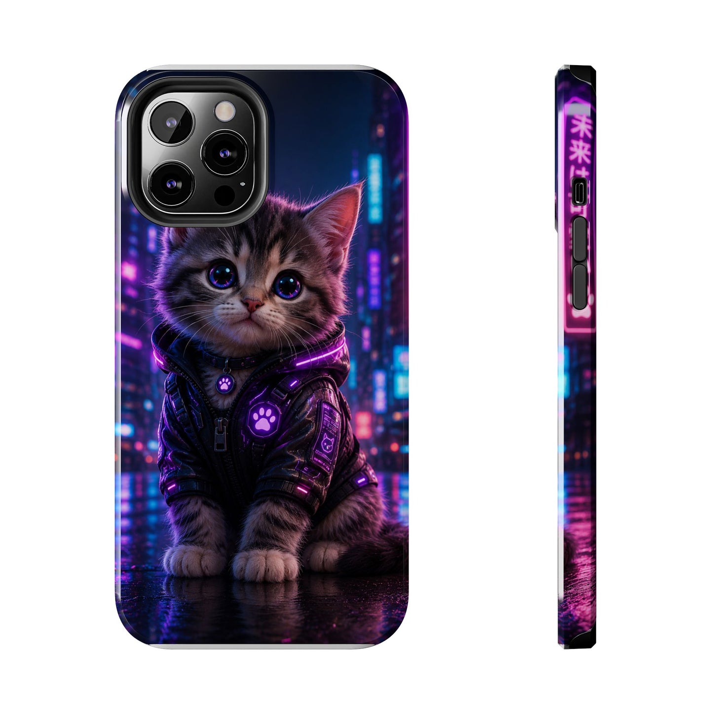 Cyberpunk Kitten Tough Phone Case — Neon Cat Protective Phone Cover