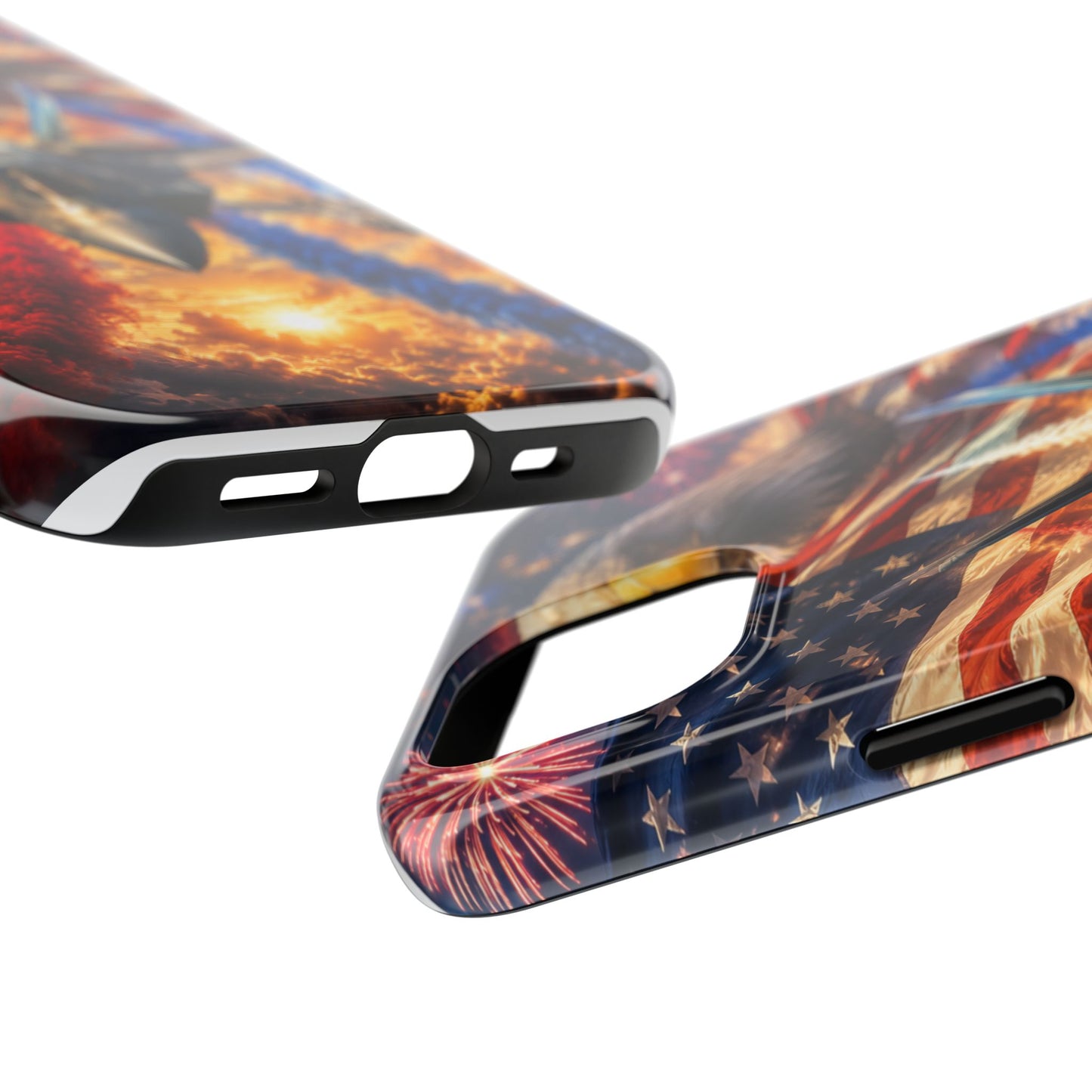 Patriotic Fighter Jet Phone Case with Eagle, American Flag & Fireworks Design
