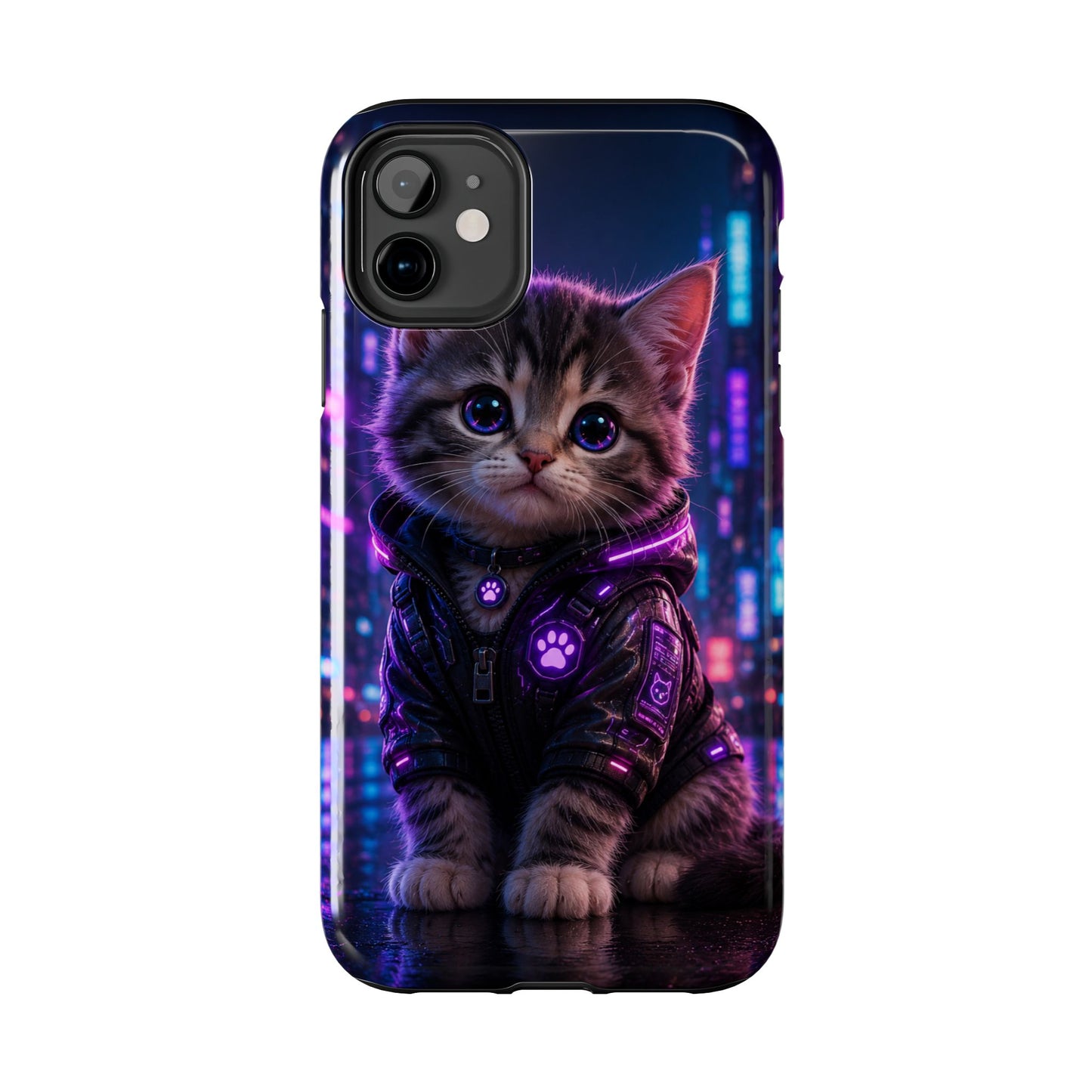 Cyberpunk Kitten Tough Phone Case — Neon Cat Protective Phone Cover