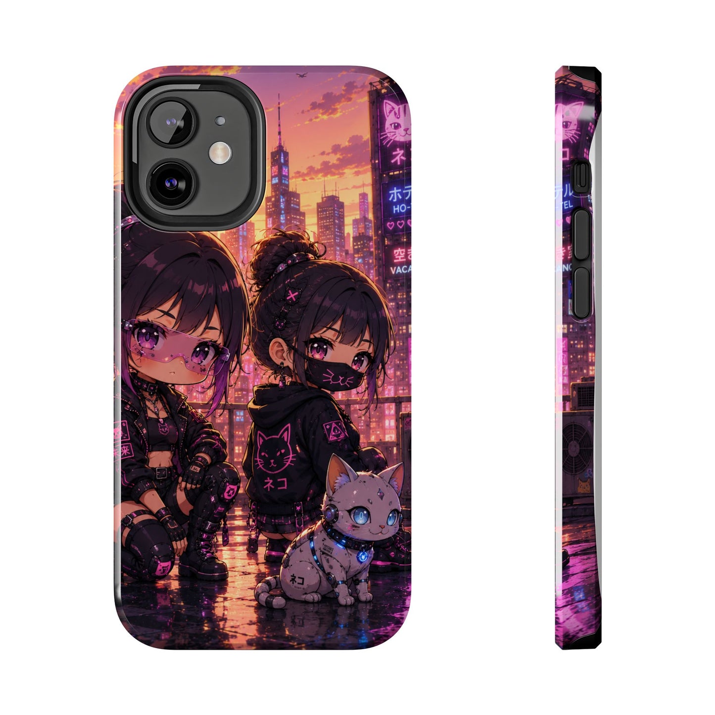 Anime City Night Tough Phone Case — Kawaii Cyberpunk Characters & Cat