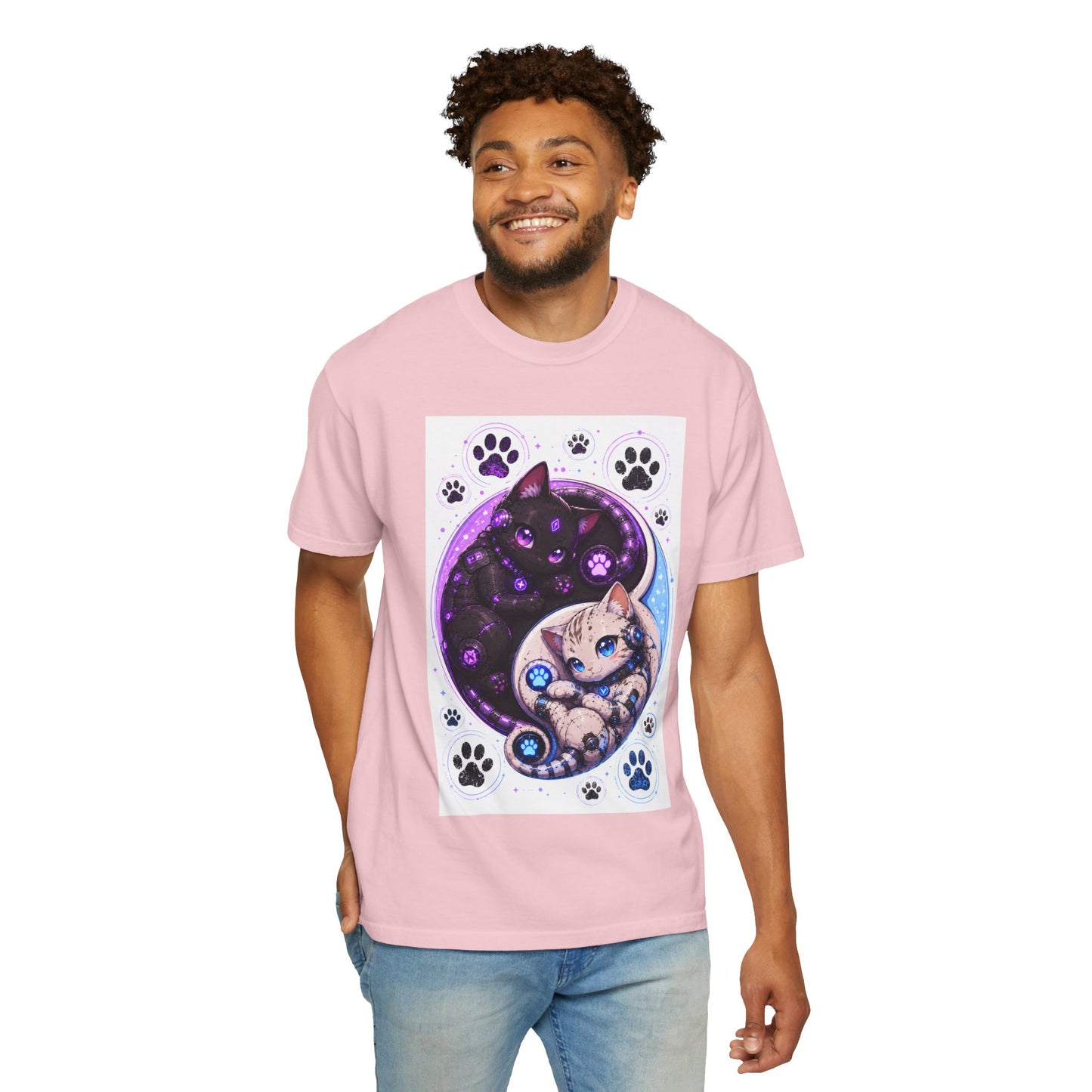Yin Yang Cat T-Shirt — Cosmic Black & White Kittens Paw Print Tee
