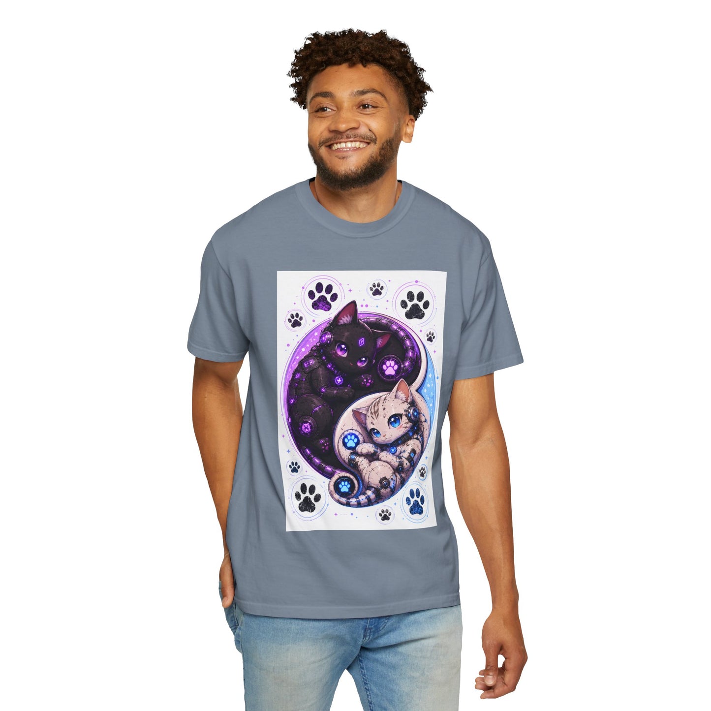Yin Yang Cat T-Shirt — Cosmic Black & White Kittens Paw Print Tee