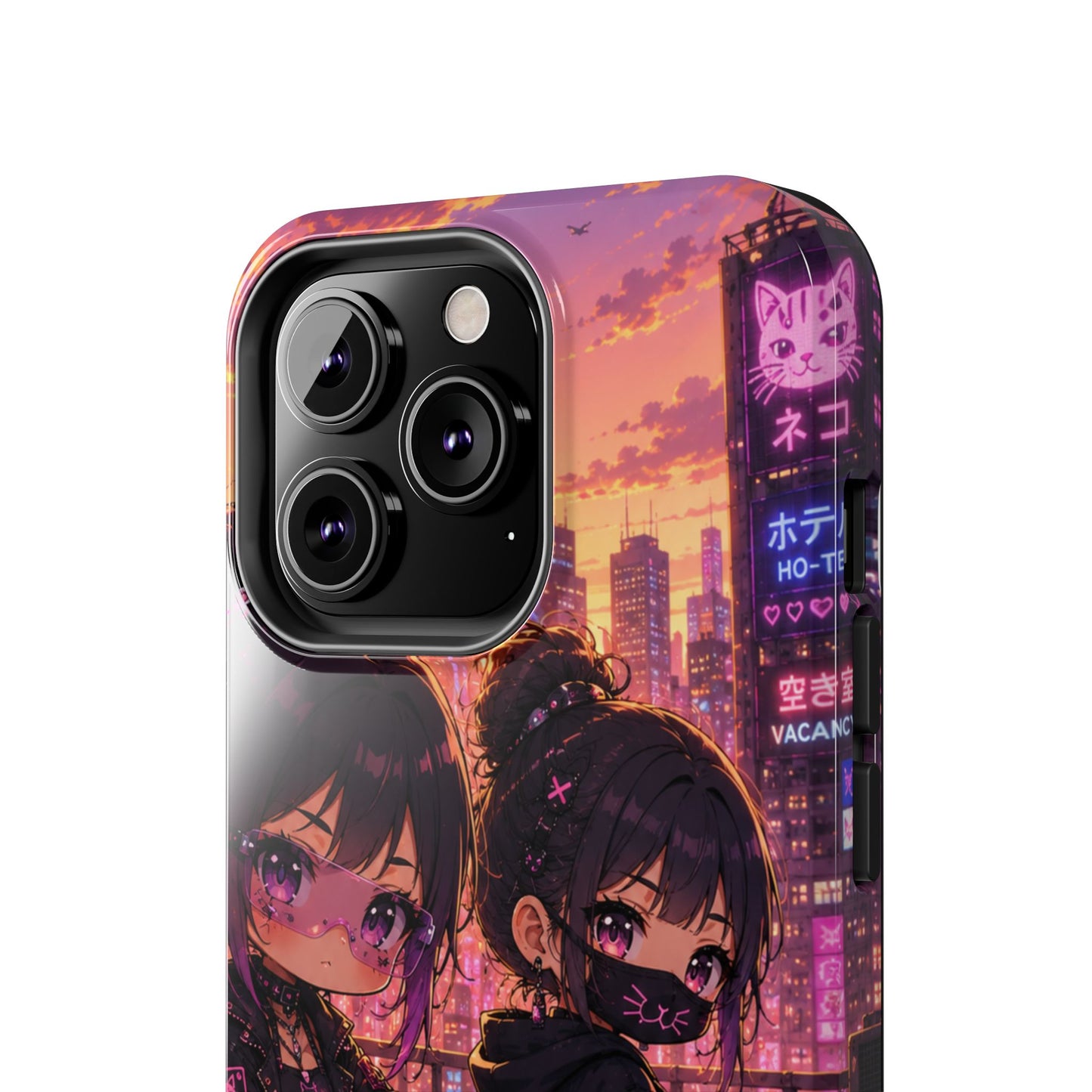 Anime City Night Tough Phone Case — Kawaii Cyberpunk Characters & Cat