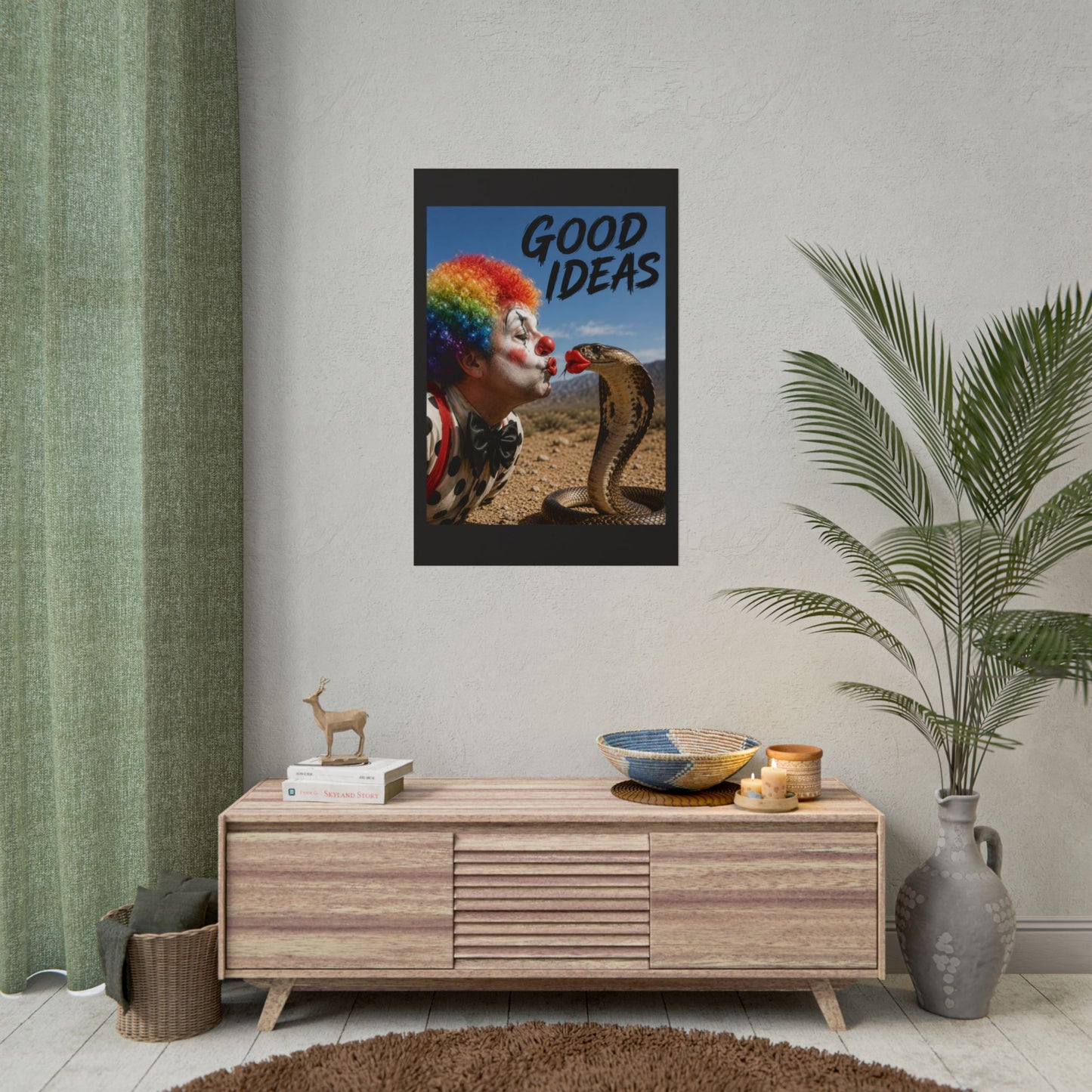 Good Ideas Clown & Snake Rolled Poster – Surreal Humor Wall Art