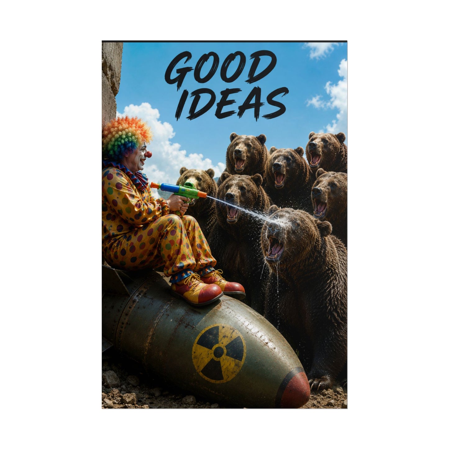 Rolled Poster - 'Good Ideas' Clown on Bomb with Bears Surreal Art Print