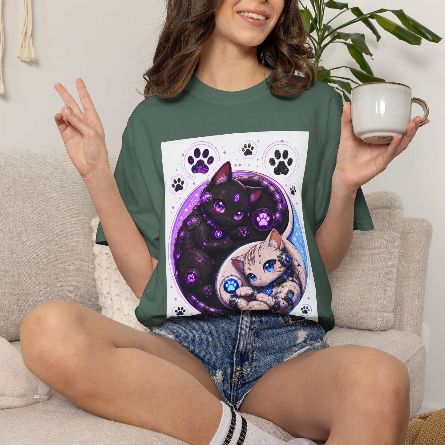 Yin Yang Cat T-Shirt — Cosmic Black & White Kittens Paw Print Tee