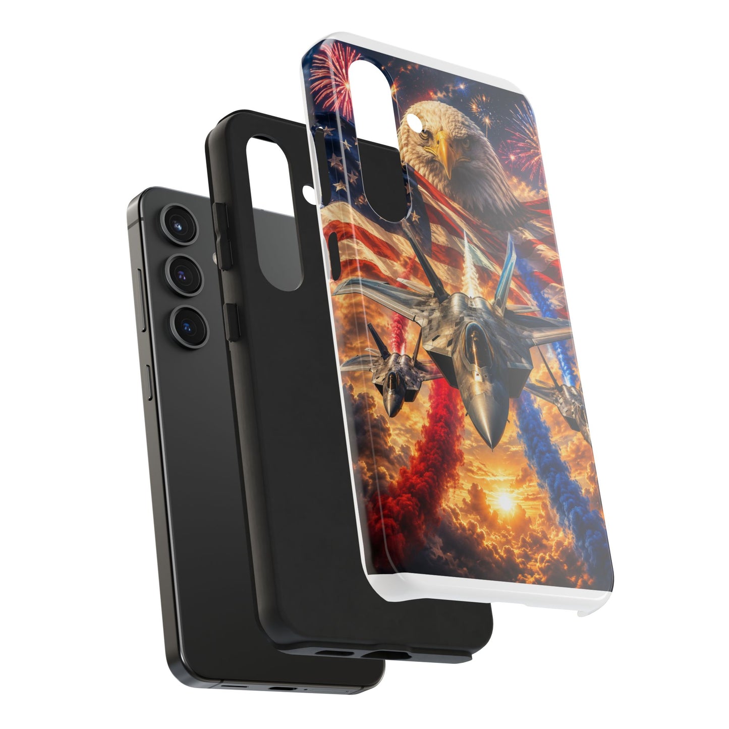 Patriotic Fighter Jet Phone Case with Eagle, American Flag & Fireworks Design