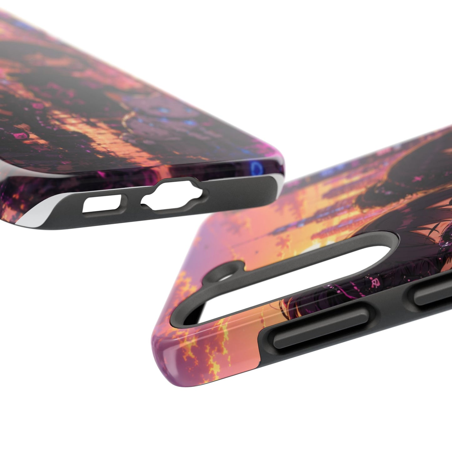 Anime City Night Tough Phone Case — Kawaii Cyberpunk Characters & Cat
