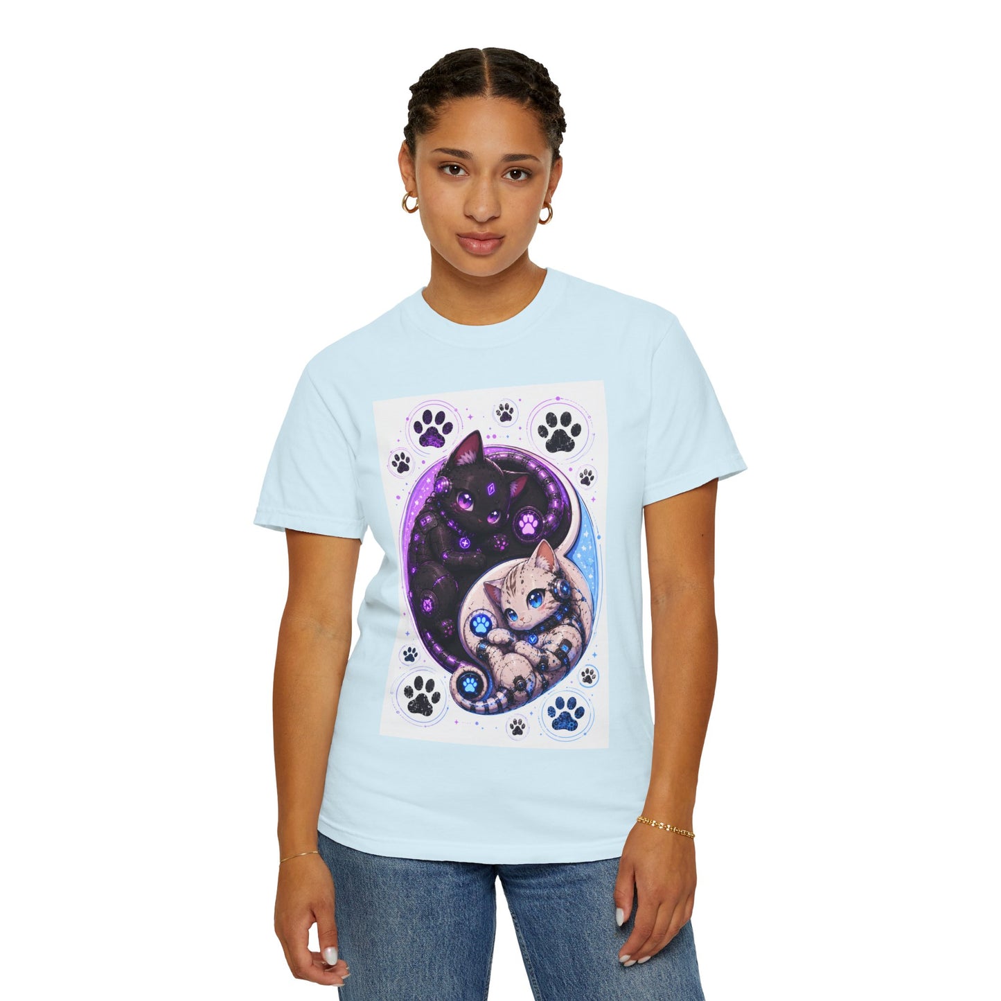 Yin Yang Cat T-Shirt — Cosmic Black & White Kittens Paw Print Tee