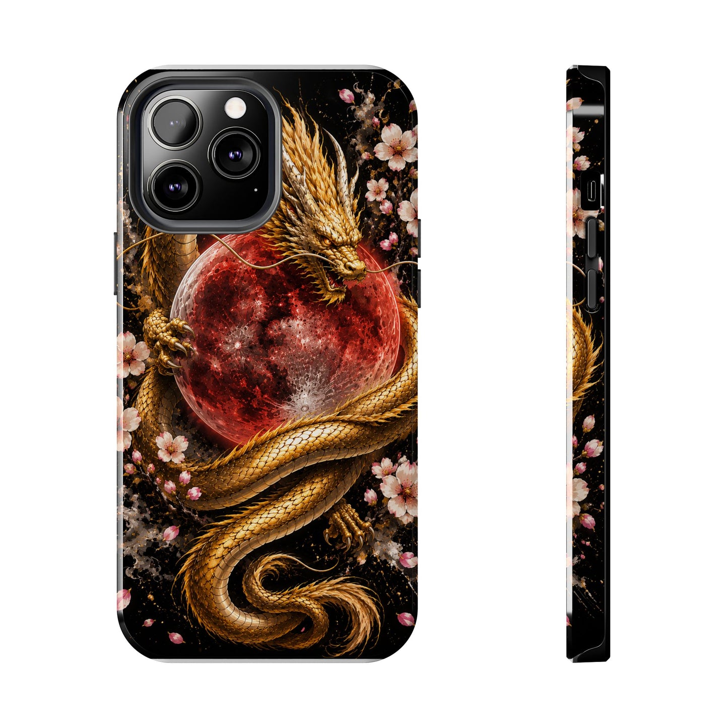 Golden Dragon Moon Tough Phone Case — Cherry Blossoms & Red Moon Protective Cover