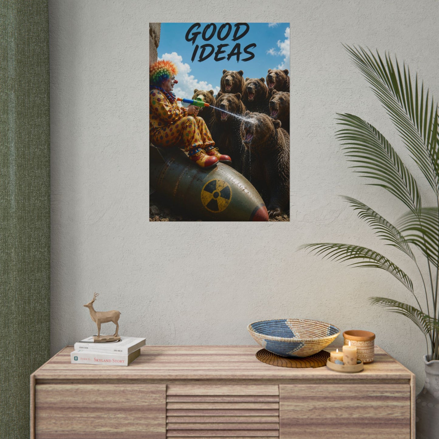 Rolled Poster - 'Good Ideas' Clown on Bomb with Bears Surreal Art Print