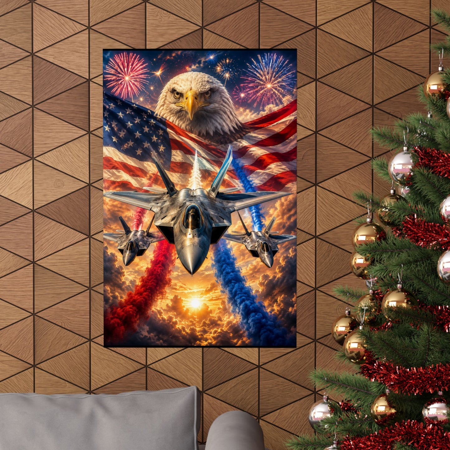 Patriotic Eagle & Fighter Jets Matte Vertical Poster — American Flag, Fireworks & 4th of July Wall Art