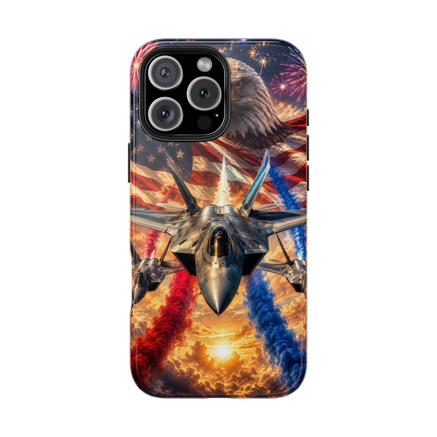 Patriotic Fighter Jet Phone Case with Eagle, American Flag & Fireworks Design