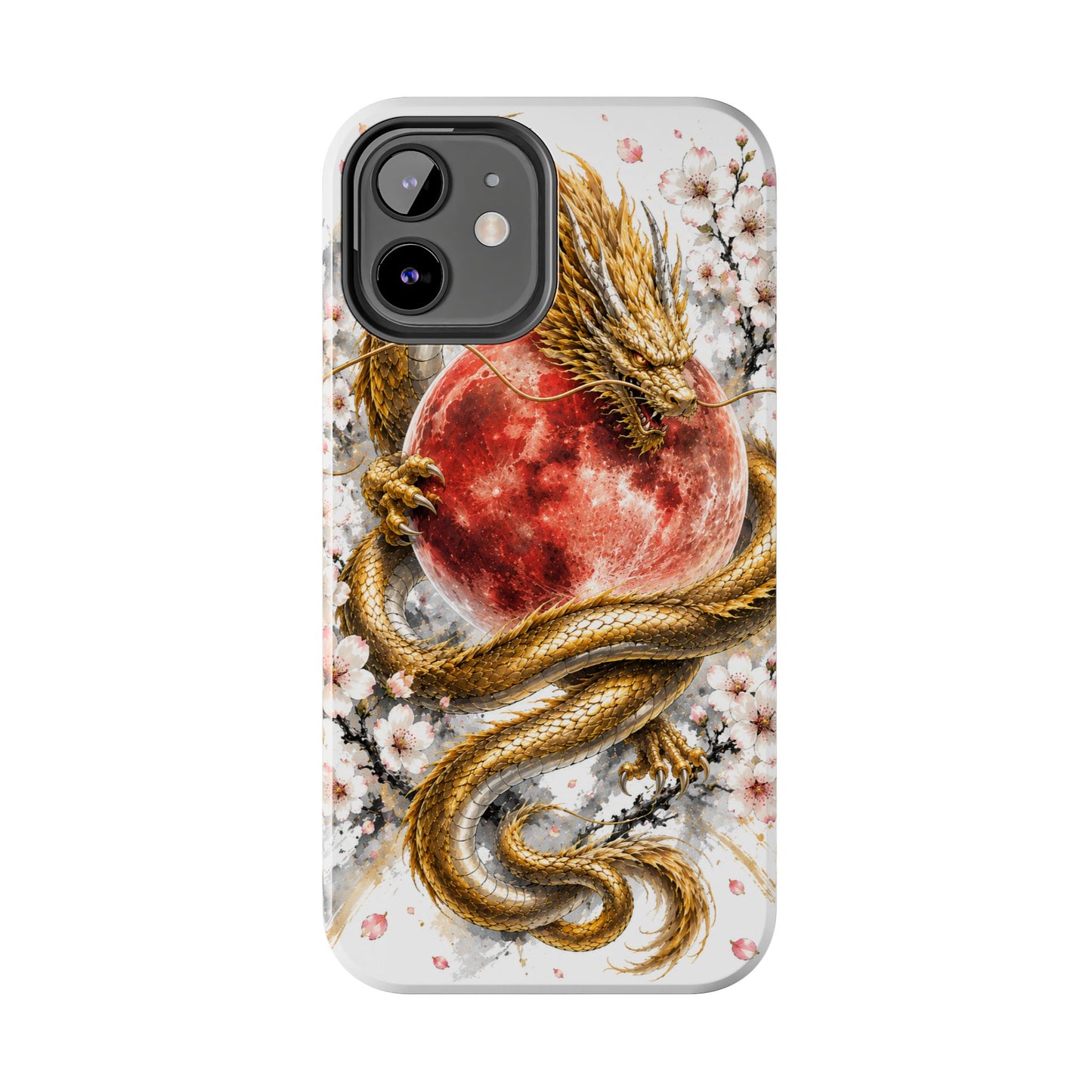 Golden Dragon Phone Case — Red Moon & Cherry Blossom Tough Phone Case