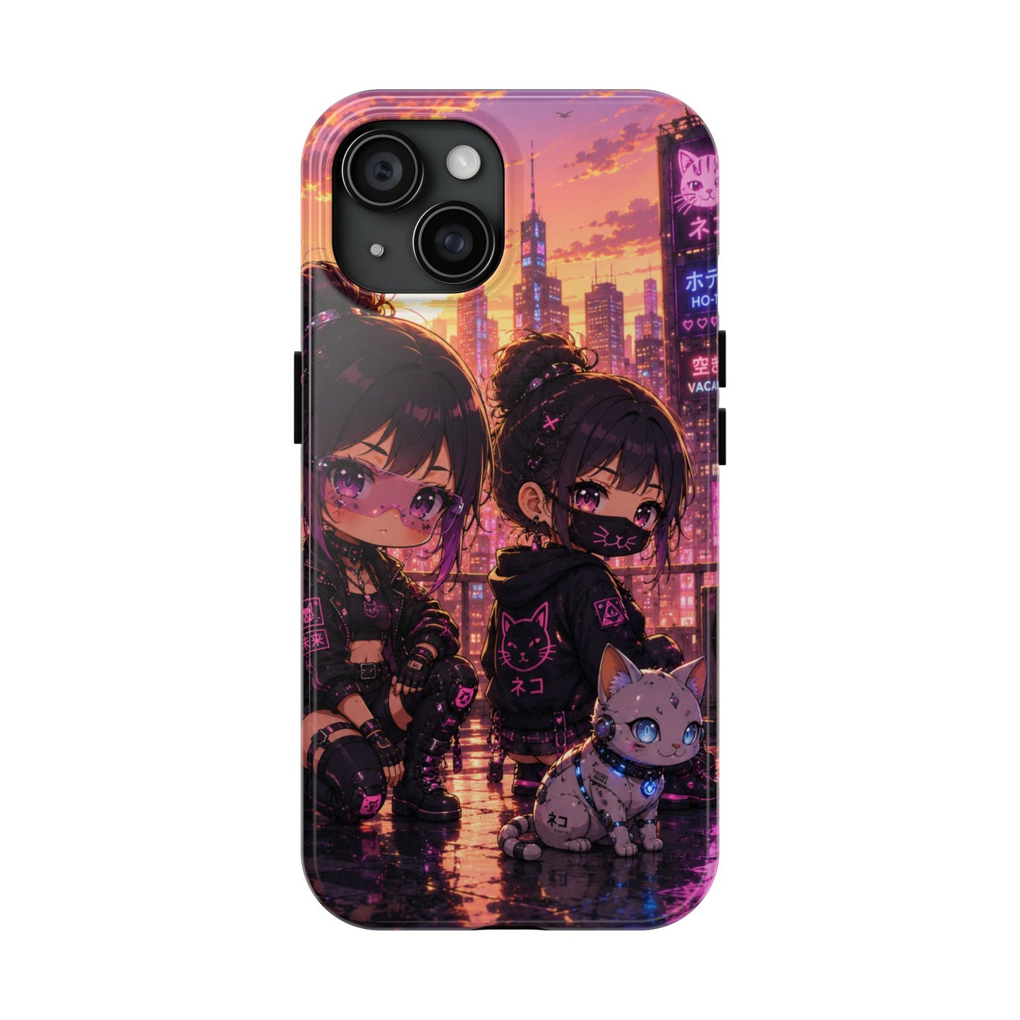 Anime City Night Tough Phone Case — Kawaii Cyberpunk Characters & Cat