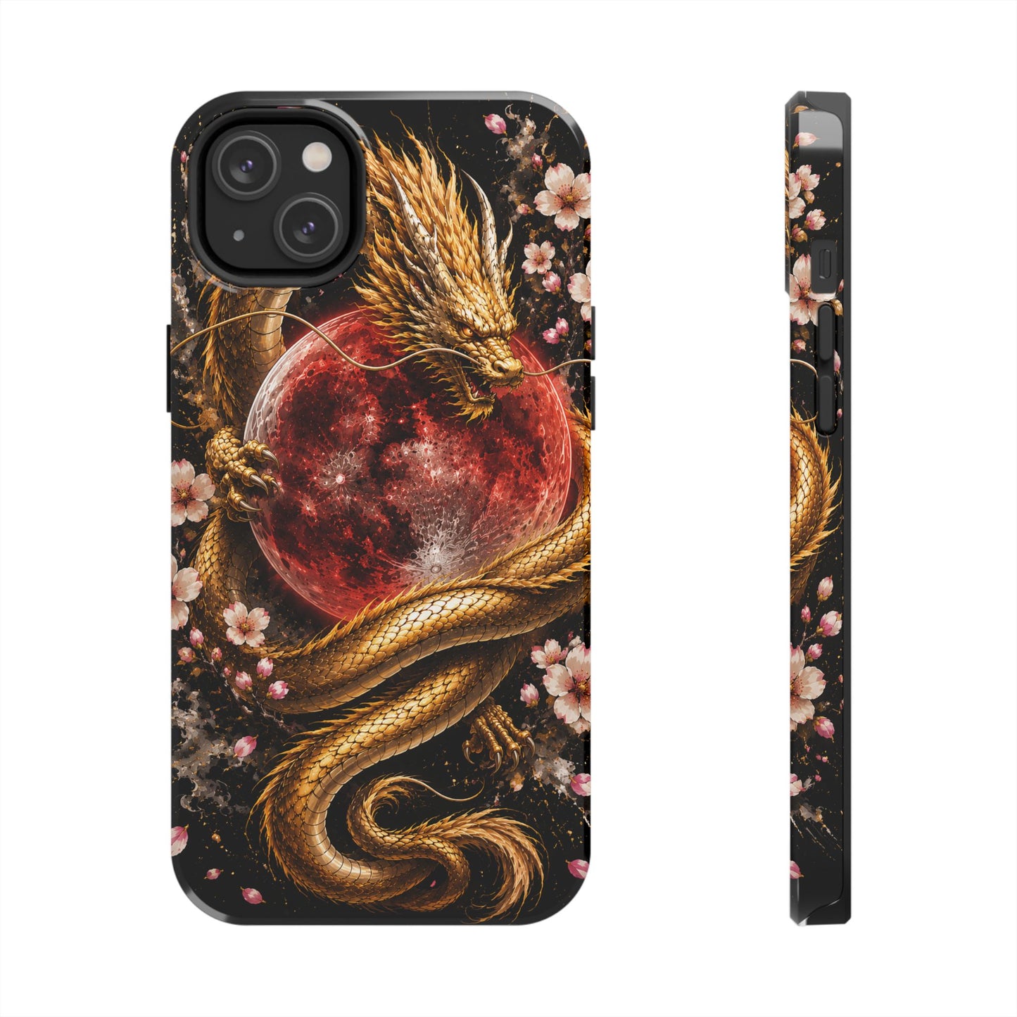 Golden Dragon Moon Tough Phone Case — Cherry Blossoms & Red Moon Protective Cover