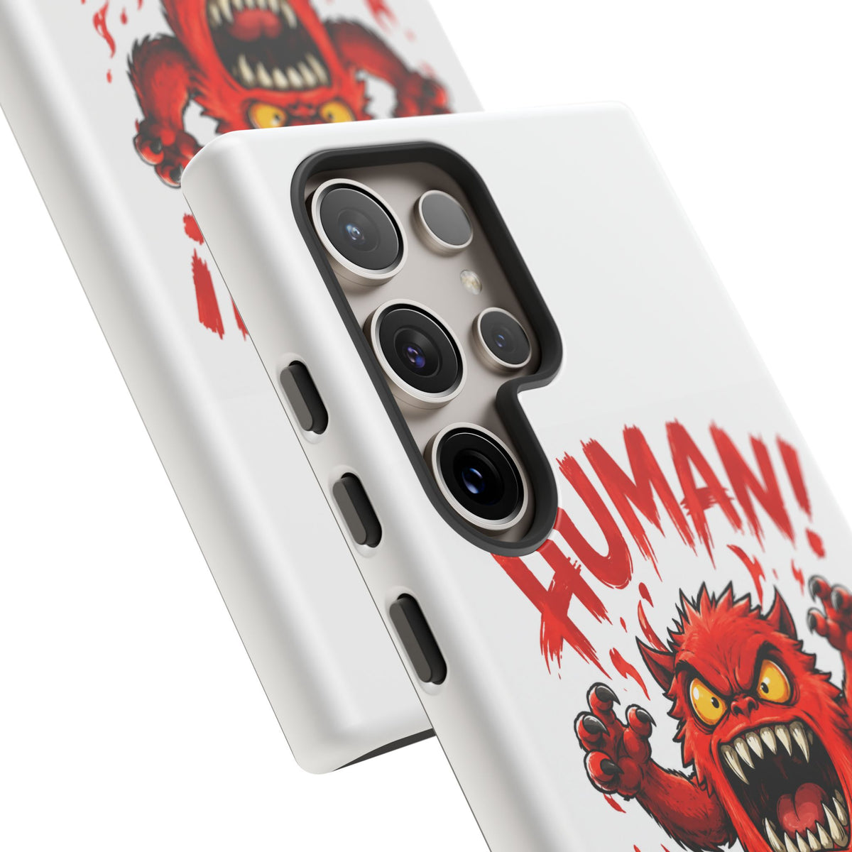 Angry Monster "HUMAN!" Phone Case — Cute Fiery Creature iPhone Cover