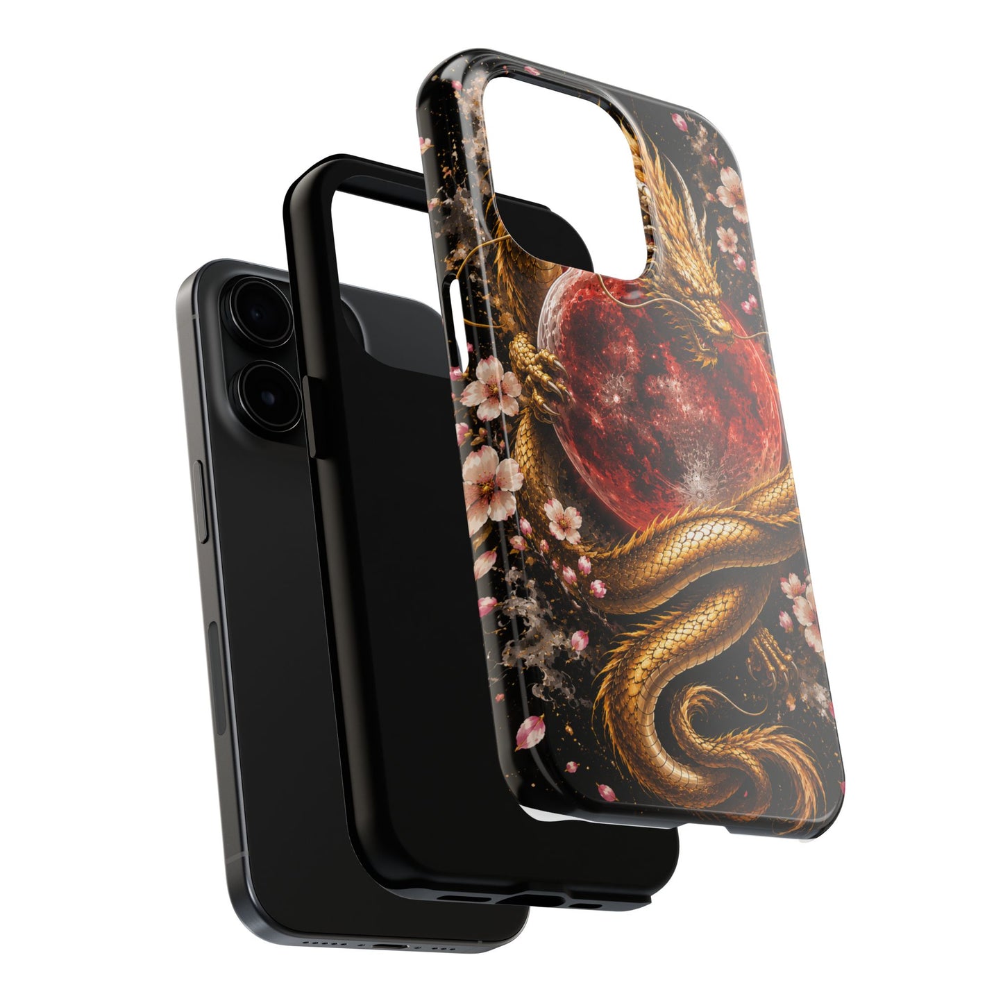 Golden Dragon Moon Tough Phone Case — Cherry Blossoms & Red Moon Protective Cover