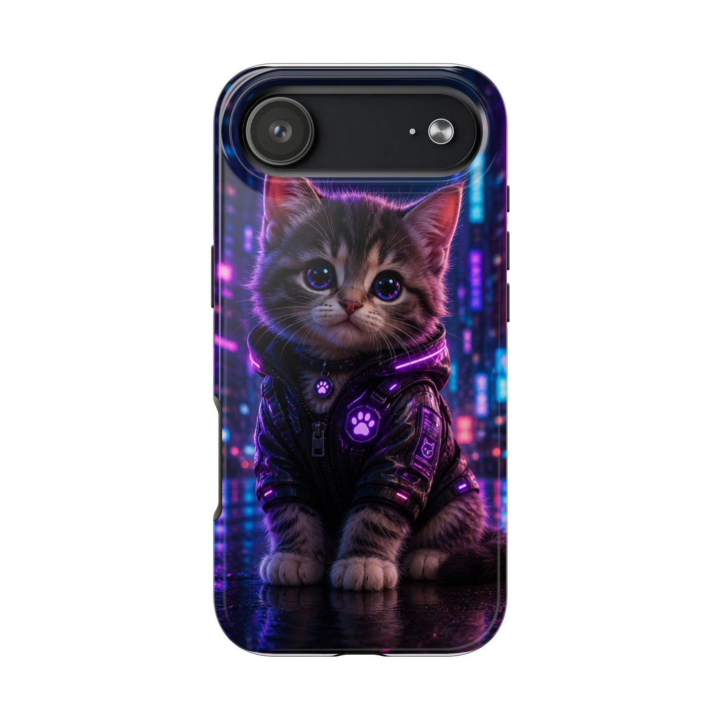 Cyberpunk Kitten Tough Phone Case — Neon Cat Protective Phone Cover
