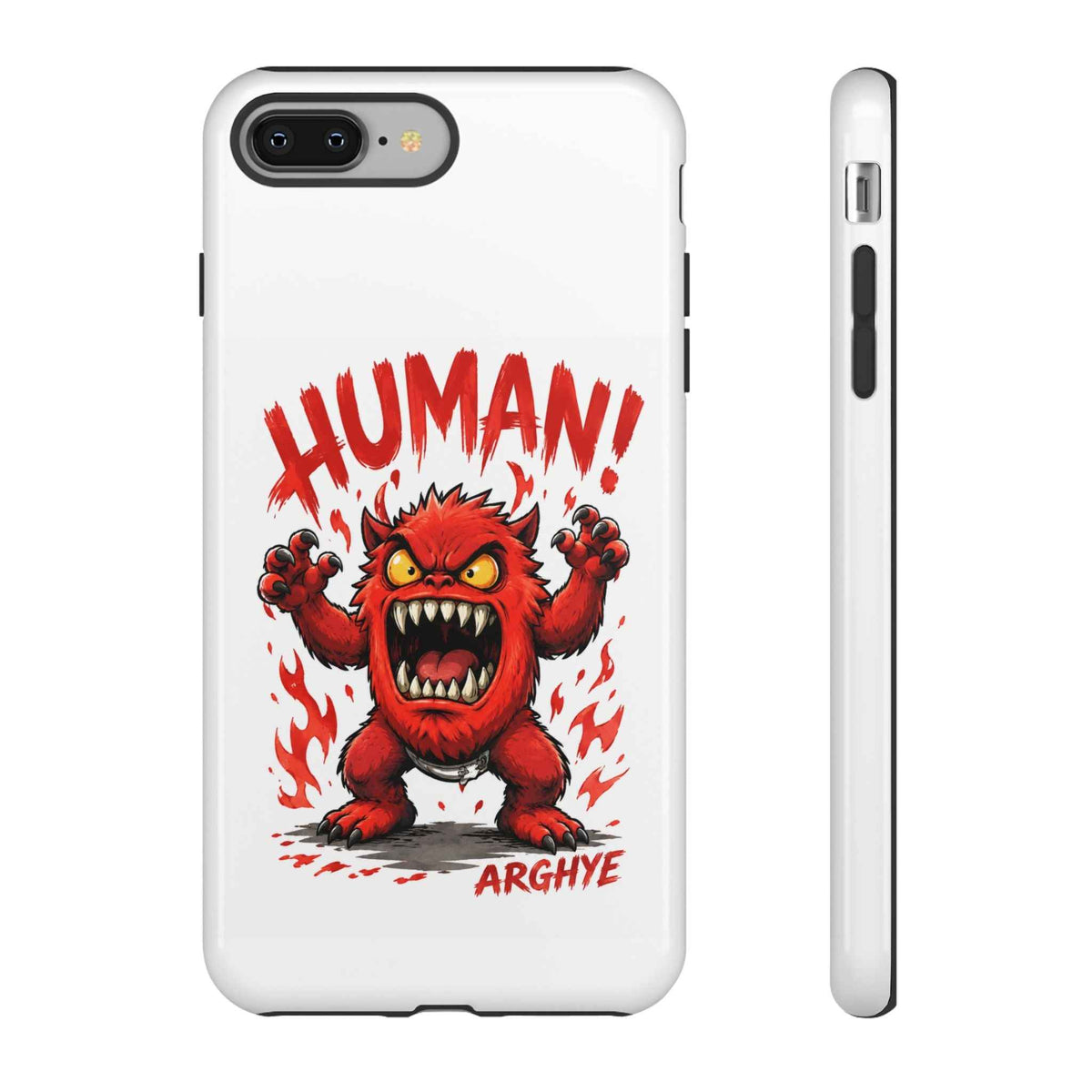 Angry Monster "HUMAN!" Phone Case — Cute Fiery Creature iPhone Cover