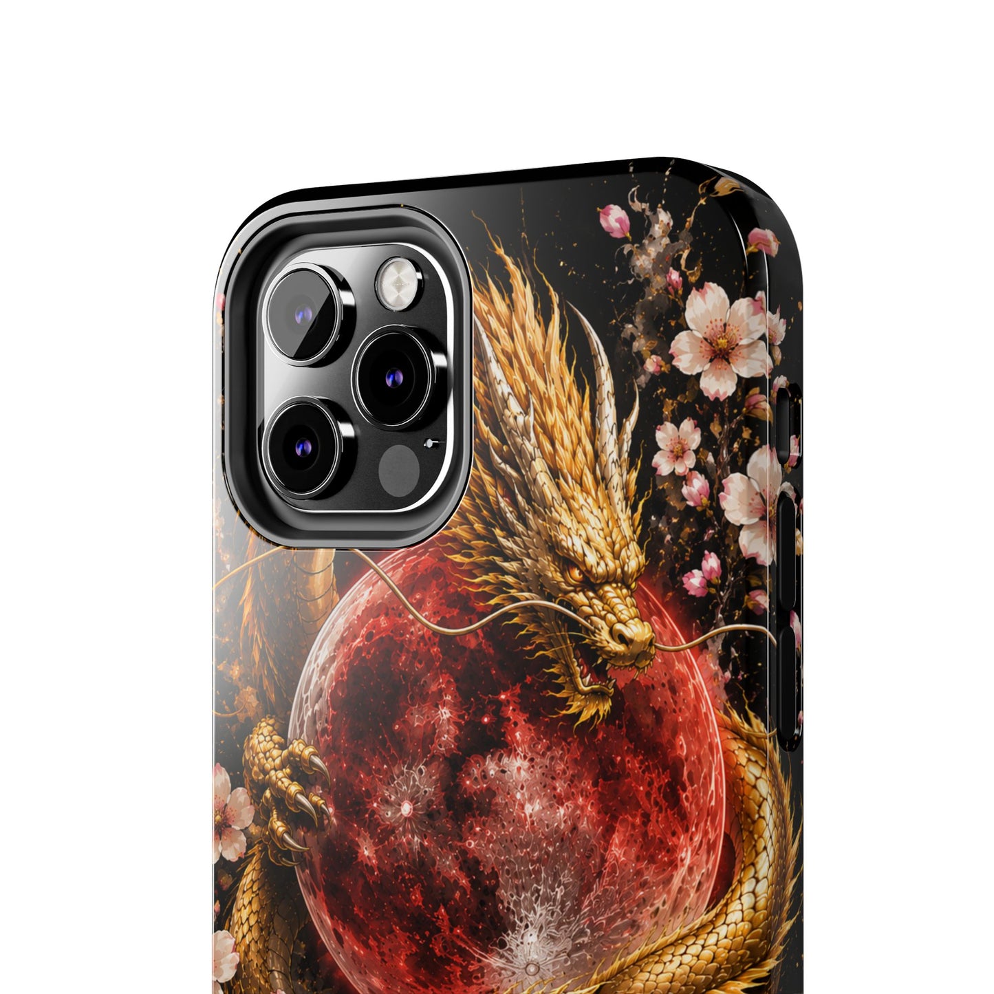 Golden Dragon Moon Tough Phone Case — Cherry Blossoms & Red Moon Protective Cover