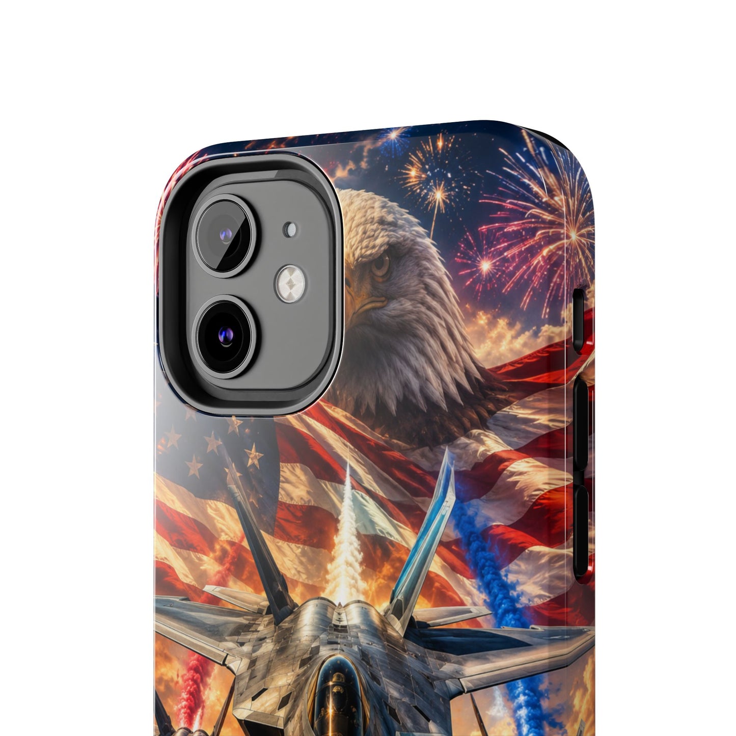 Patriotic Fighter Jet Phone Case with Eagle, American Flag & Fireworks Design
