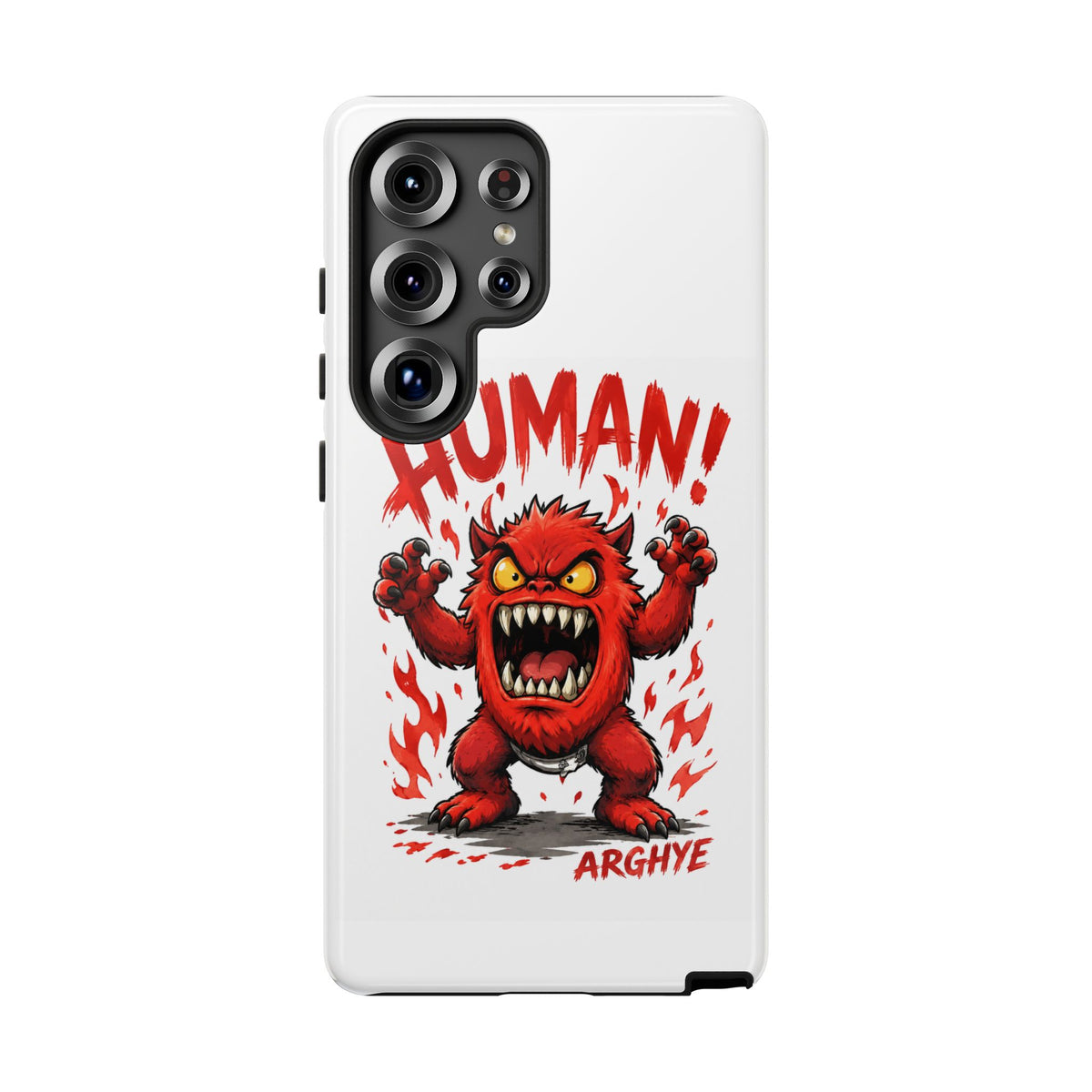 Angry Monster "HUMAN!" Phone Case — Cute Fiery Creature iPhone Cover