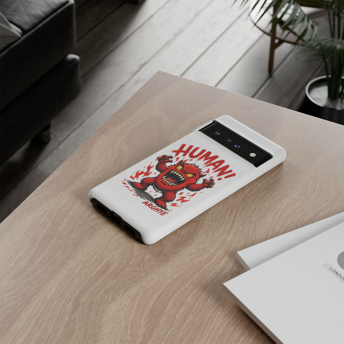 Angry Monster "HUMAN!" Phone Case — Cute Fiery Creature iPhone Cover
