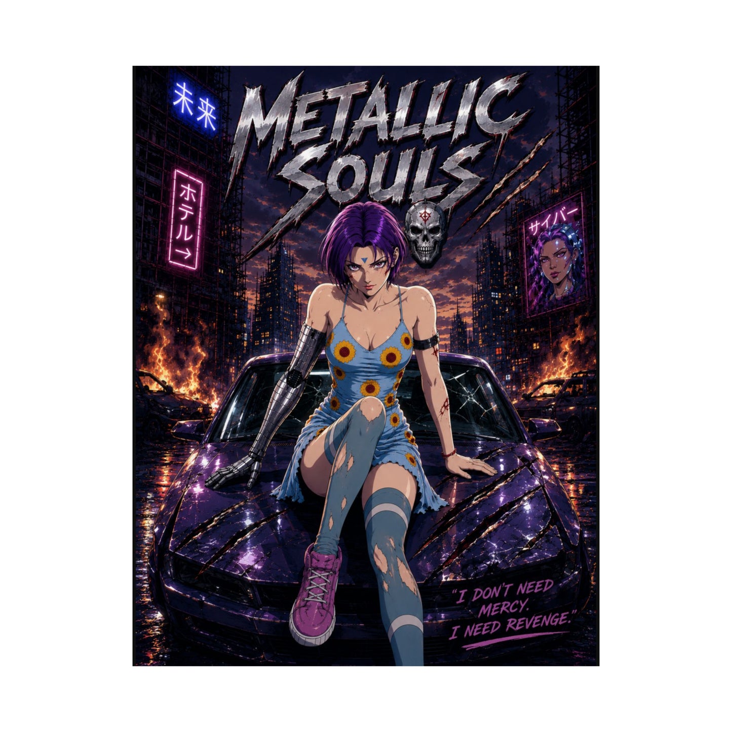 Metallic Souls Anime Poster — Cyberpunk Car Girl Matte Vertical Print