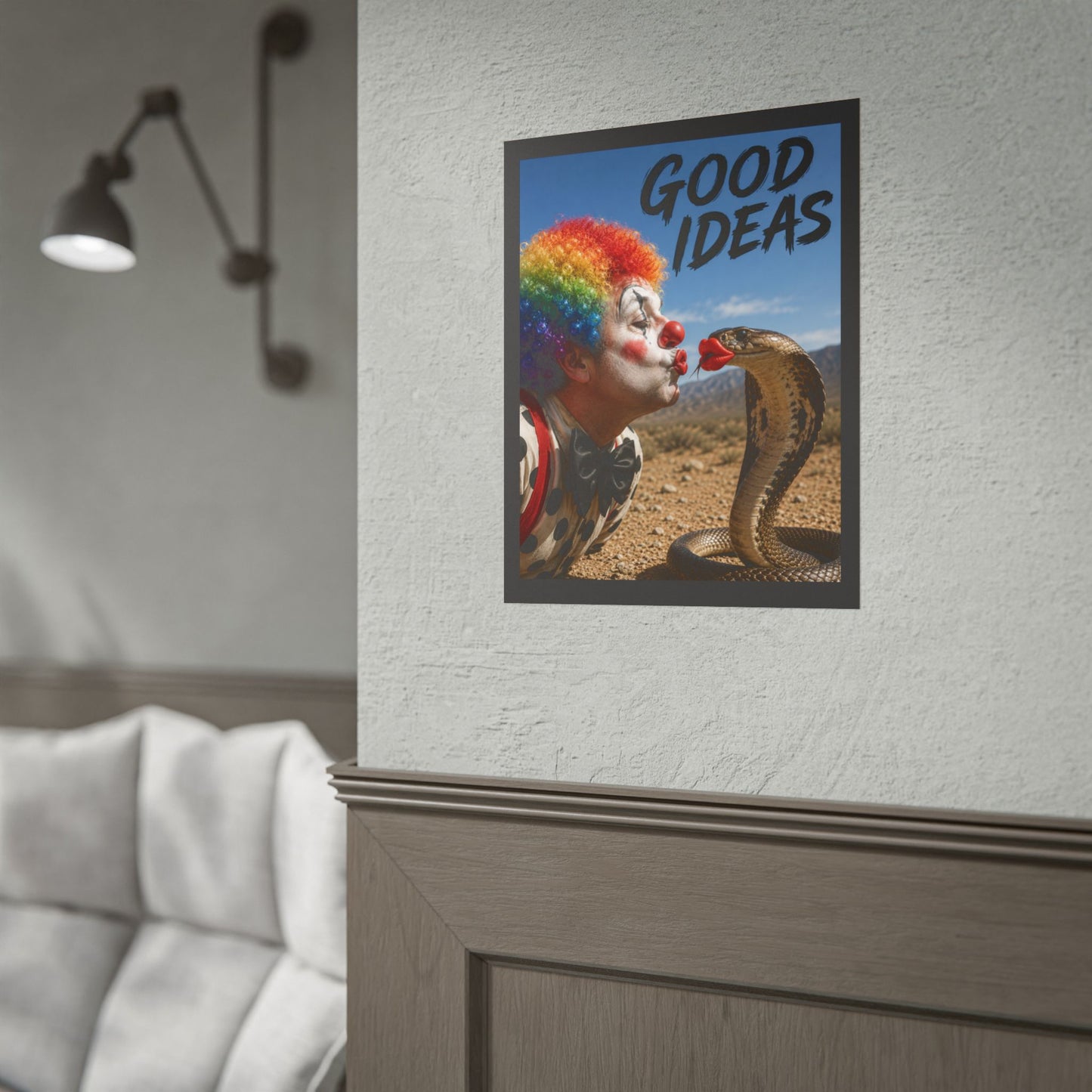Good Ideas Clown & Snake Rolled Poster – Surreal Humor Wall Art
