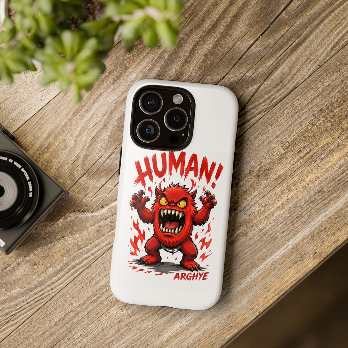 Angry Monster "HUMAN!" Phone Case — Cute Fiery Creature iPhone Cover