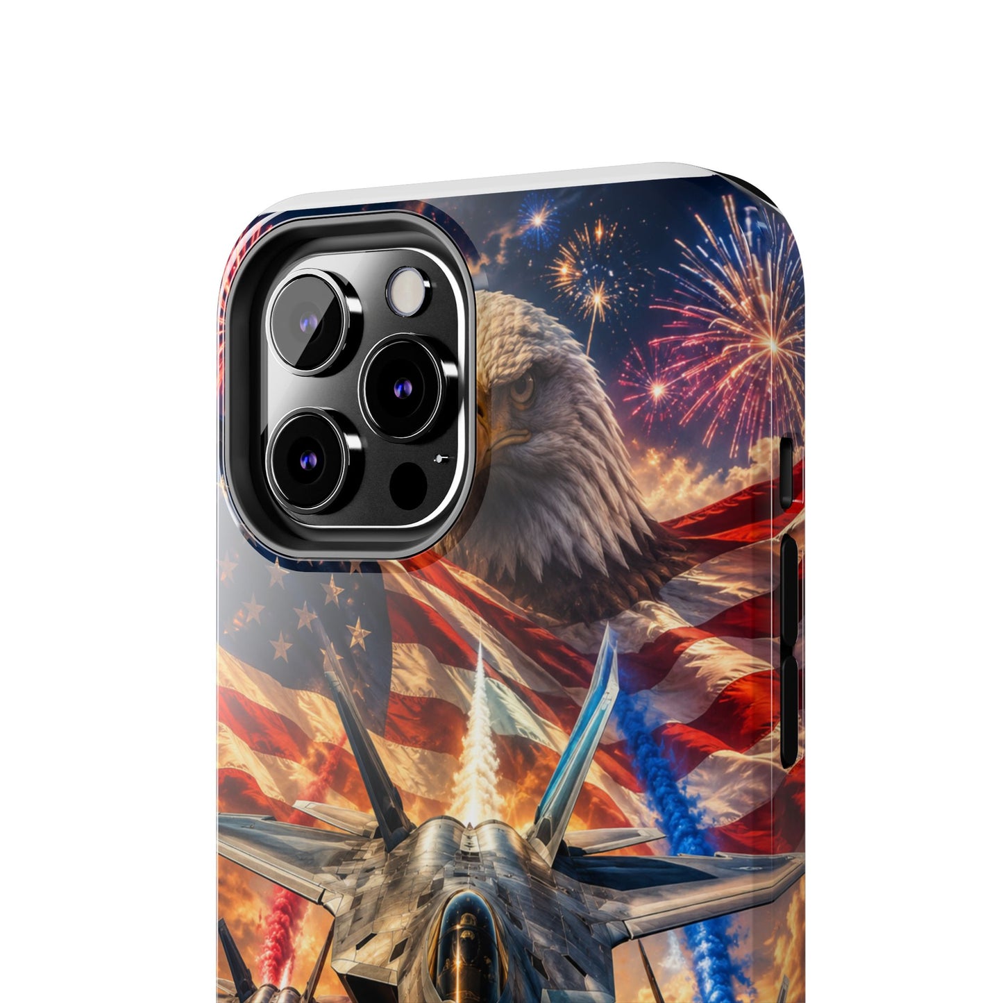 Patriotic Fighter Jet Phone Case with Eagle, American Flag & Fireworks Design