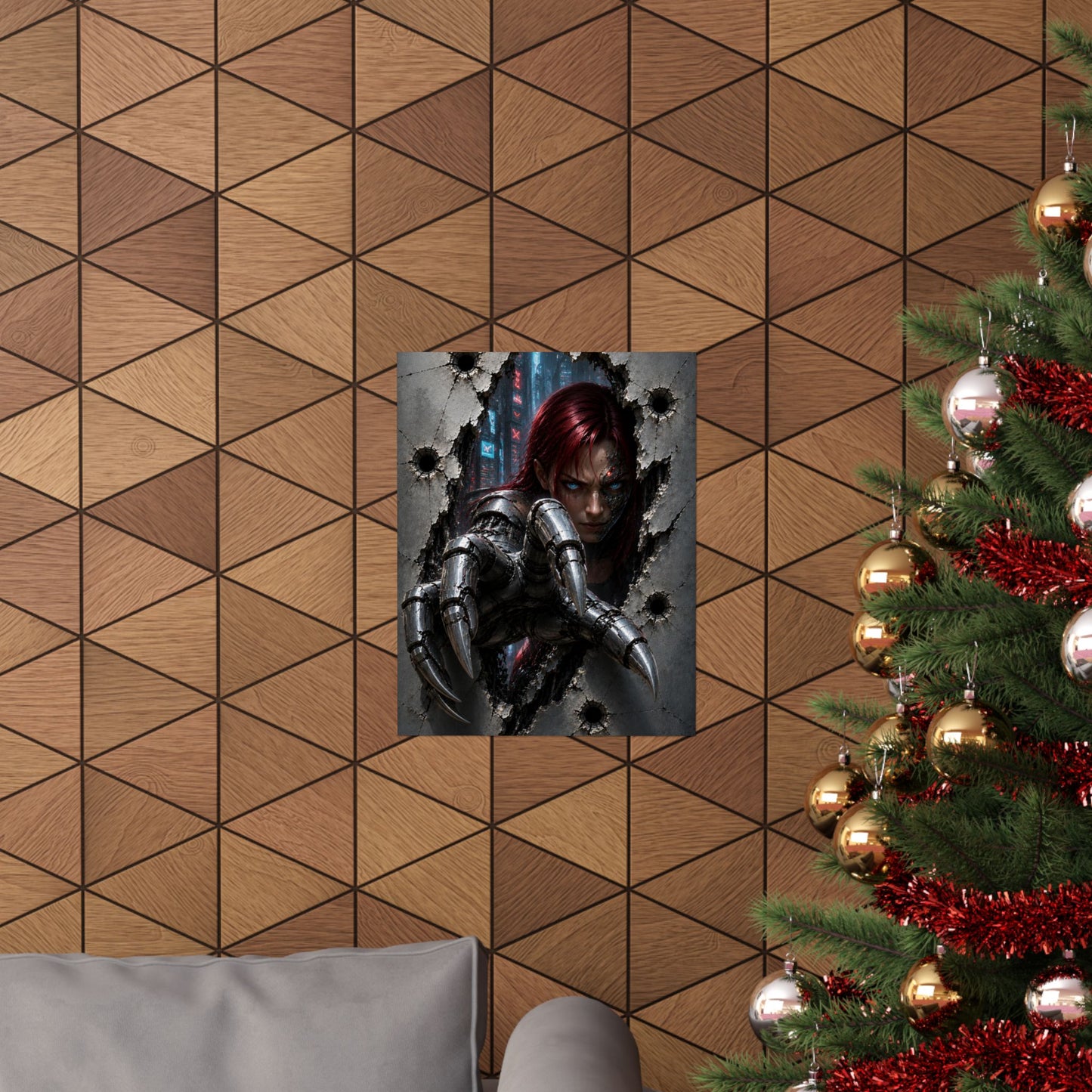 Cyberpunk Assassin Matte Poster — Red-Haired Cyborg Claw Wall Art