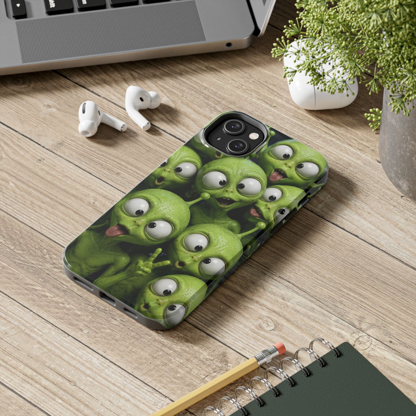 Alien Selfie Tough Phone Case — Cute Green Cartoon Aliens Protective Cover