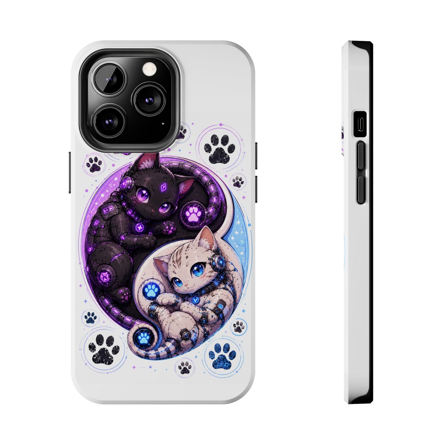 Cat Yin Yang Tough Phone Case — Black & White Kittens, Paw Print Protective Cover