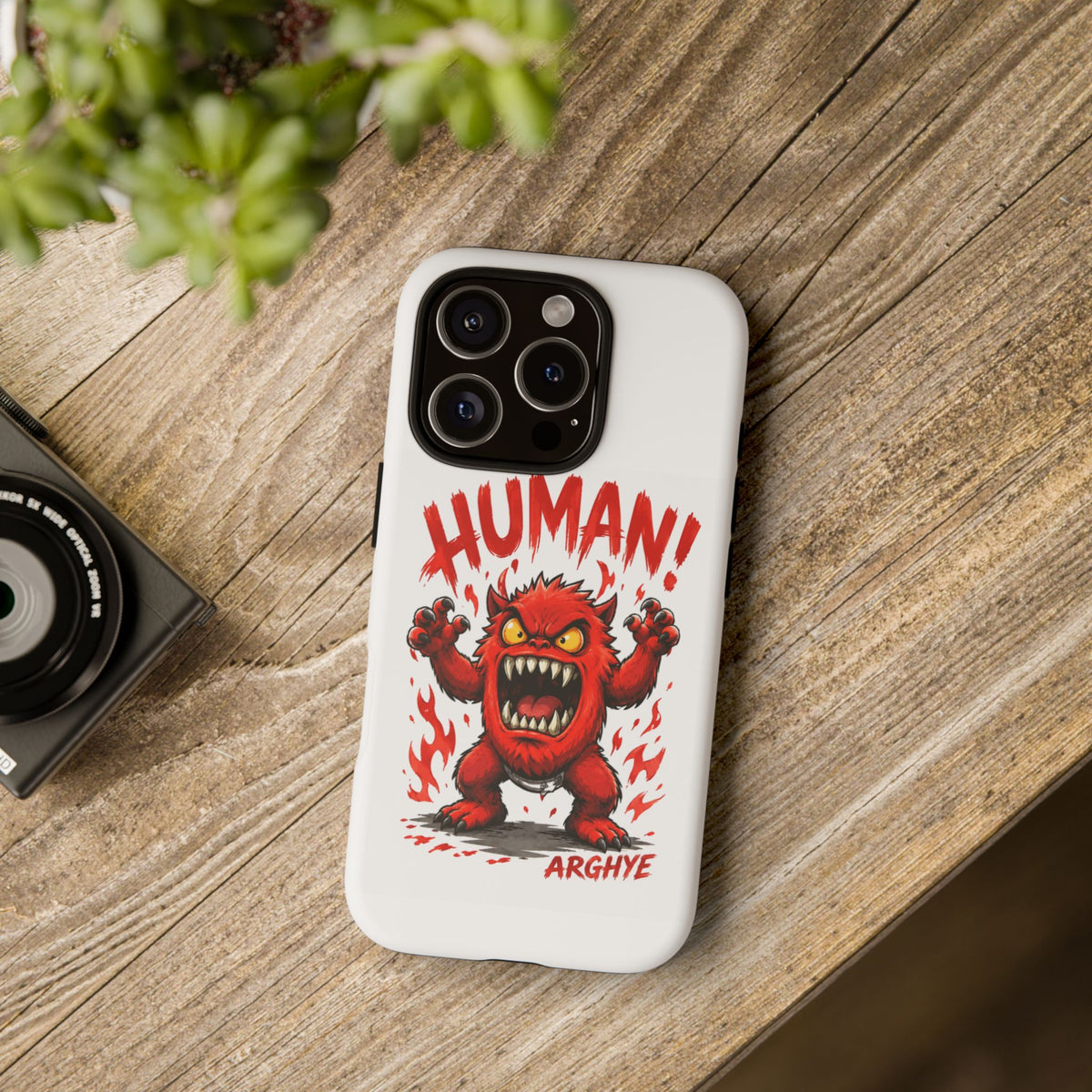 Angry Monster "HUMAN!" Phone Case — Cute Fiery Creature iPhone Cover