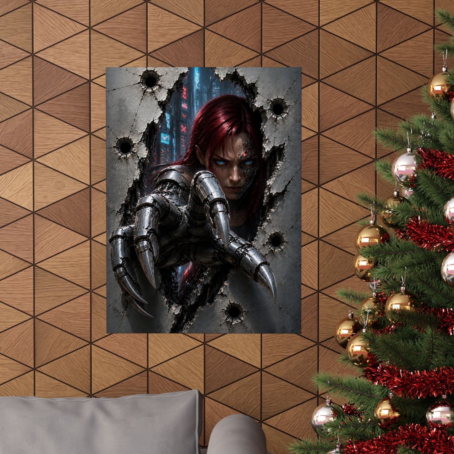 Cyberpunk Assassin Matte Poster — Red-Haired Cyborg Claw Wall Art