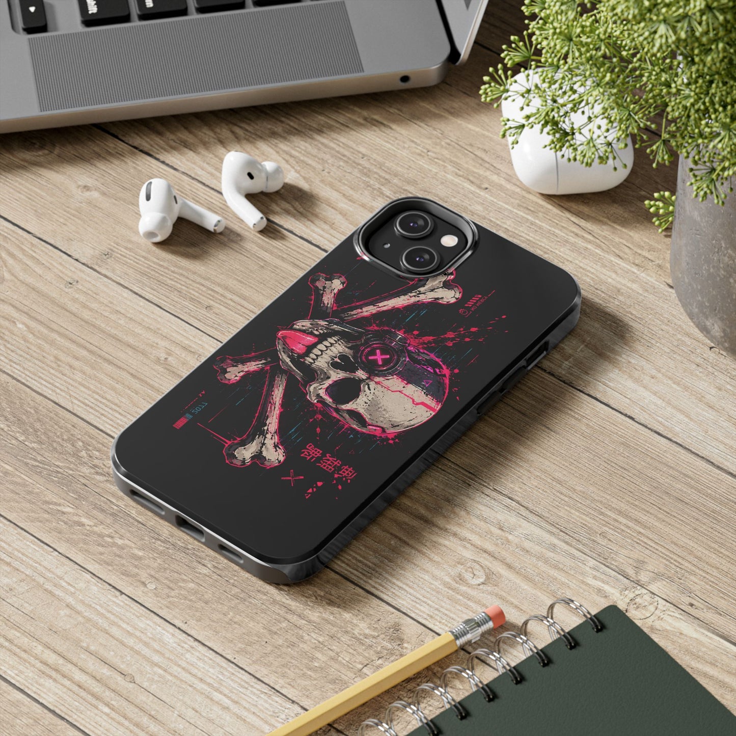Skull & Crossbones Tough Phone Case — Neon Cyberpunk Skull Design
