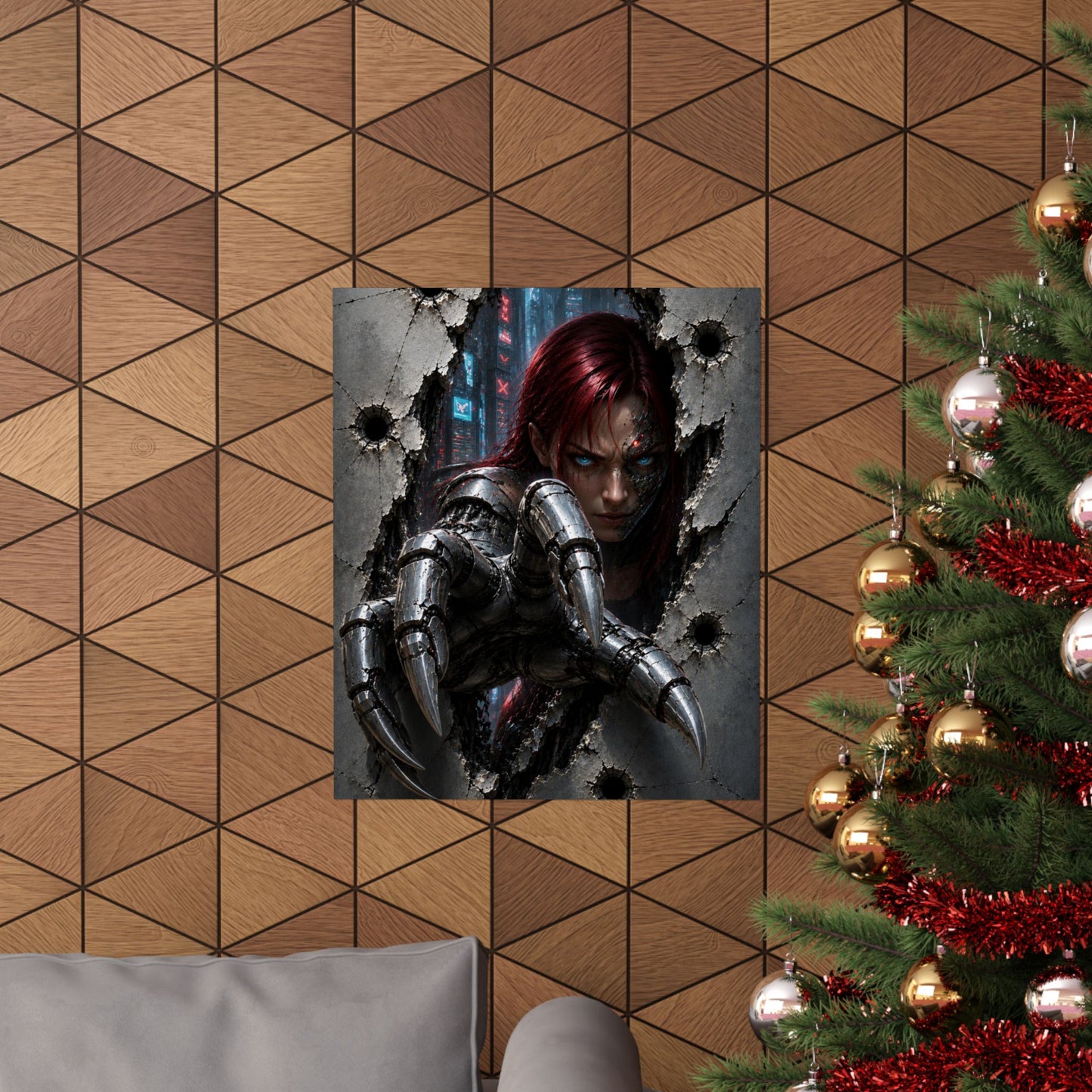 Cyberpunk Assassin Matte Poster — Red-Haired Cyborg Claw Wall Art