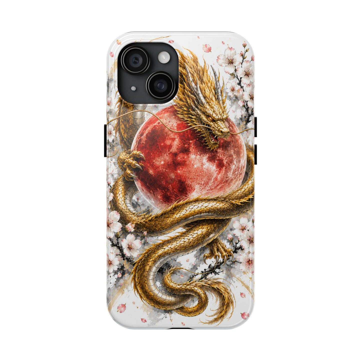 Golden Dragon Phone Case — Red Moon & Cherry Blossom Tough Phone Case