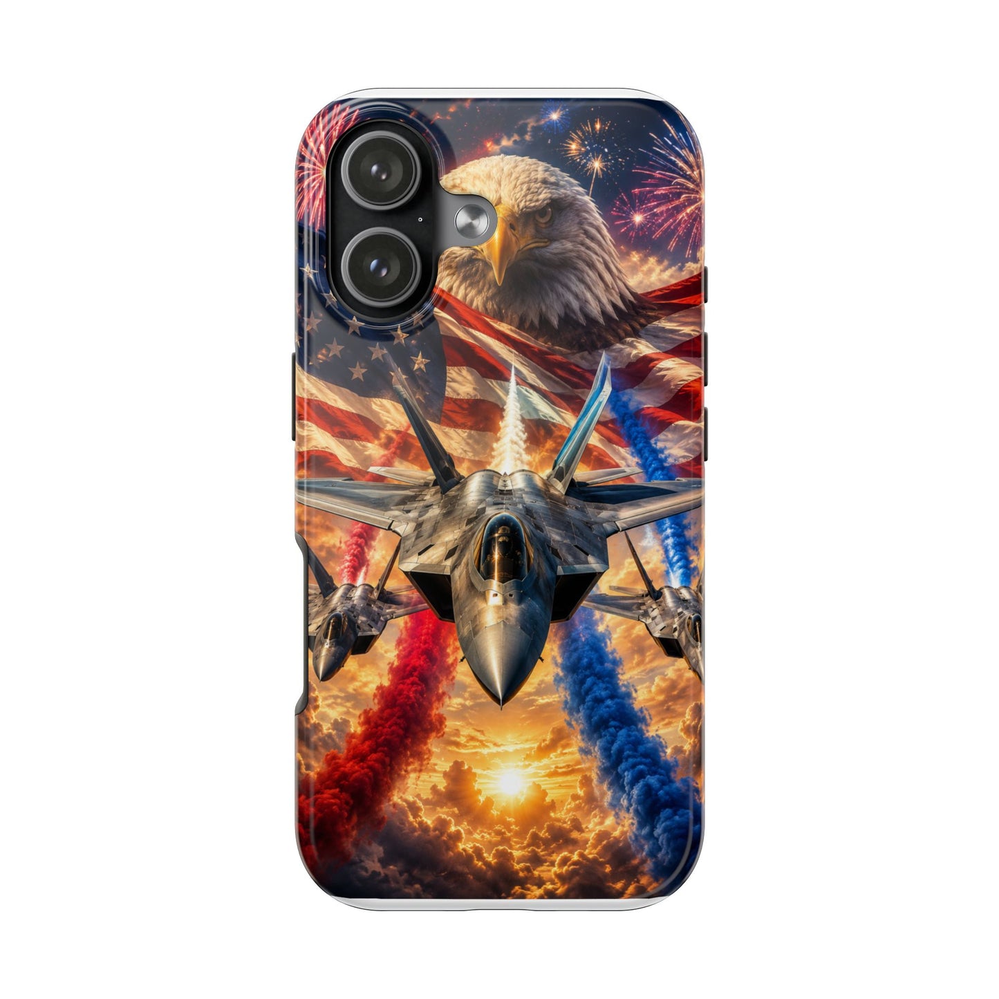 Patriotic Fighter Jet Phone Case with Eagle, American Flag & Fireworks Design
