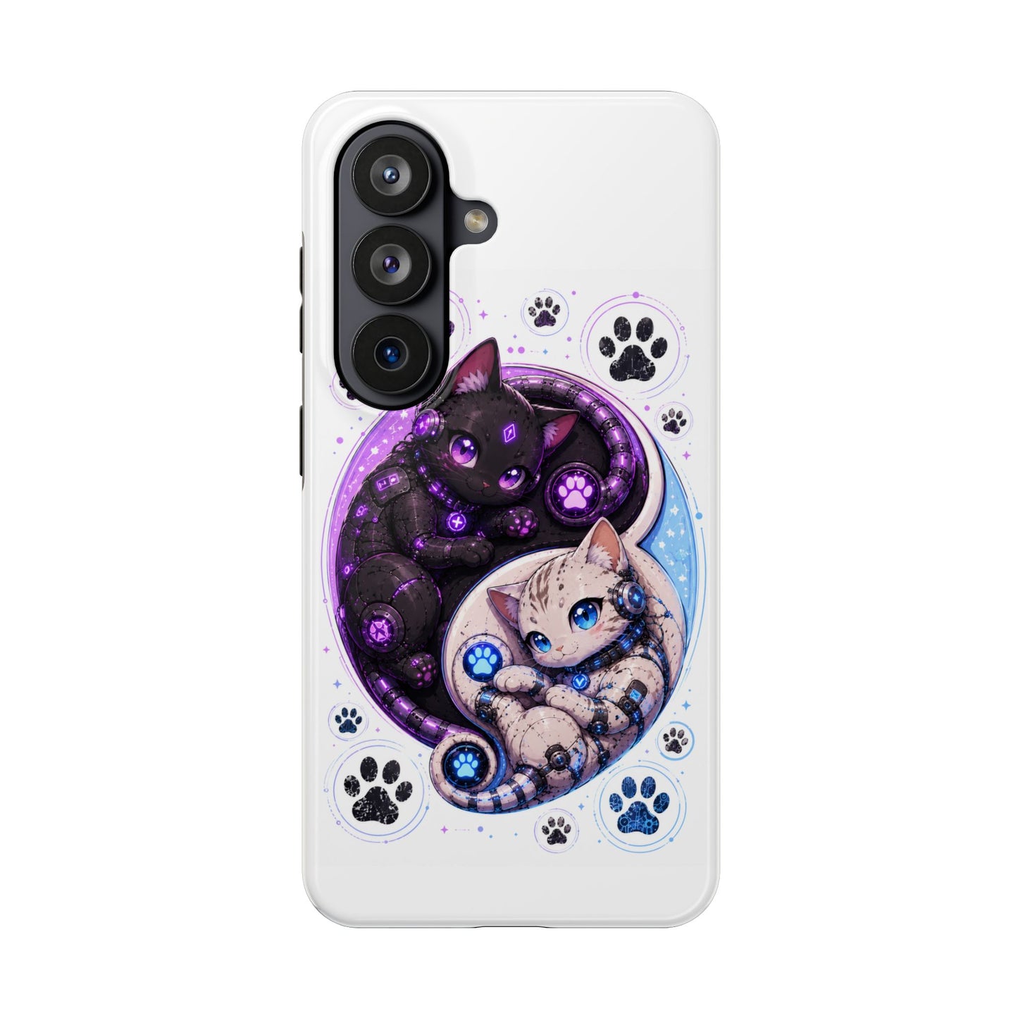 Cat Yin Yang Tough Phone Case — Black & White Kittens, Paw Print Protective Cover