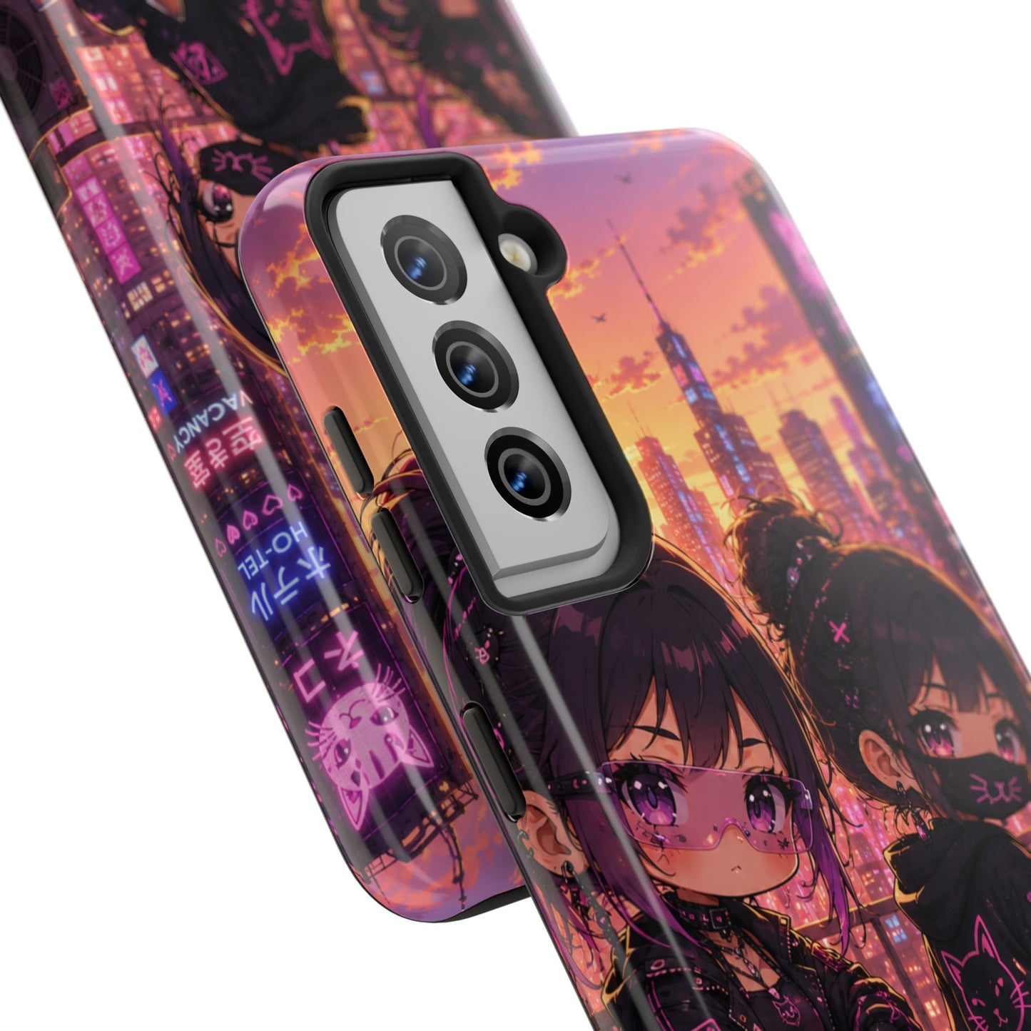 Anime City Night Tough Phone Case — Kawaii Cyberpunk Characters & Cat