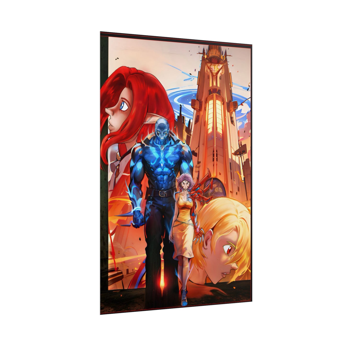 Anime Sci‑Fi Poster — Heroic Crew Tower Art Print (Rolled)